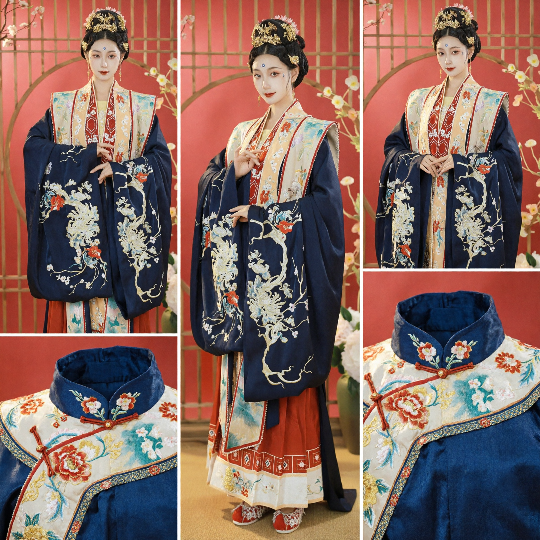 Tradycyjny chiński strój Hanfu dla kobiet elegancka niebieska haftowana szata z szerokimi rękawami i zestaw z czerwoną spódnicą - Asian Costume