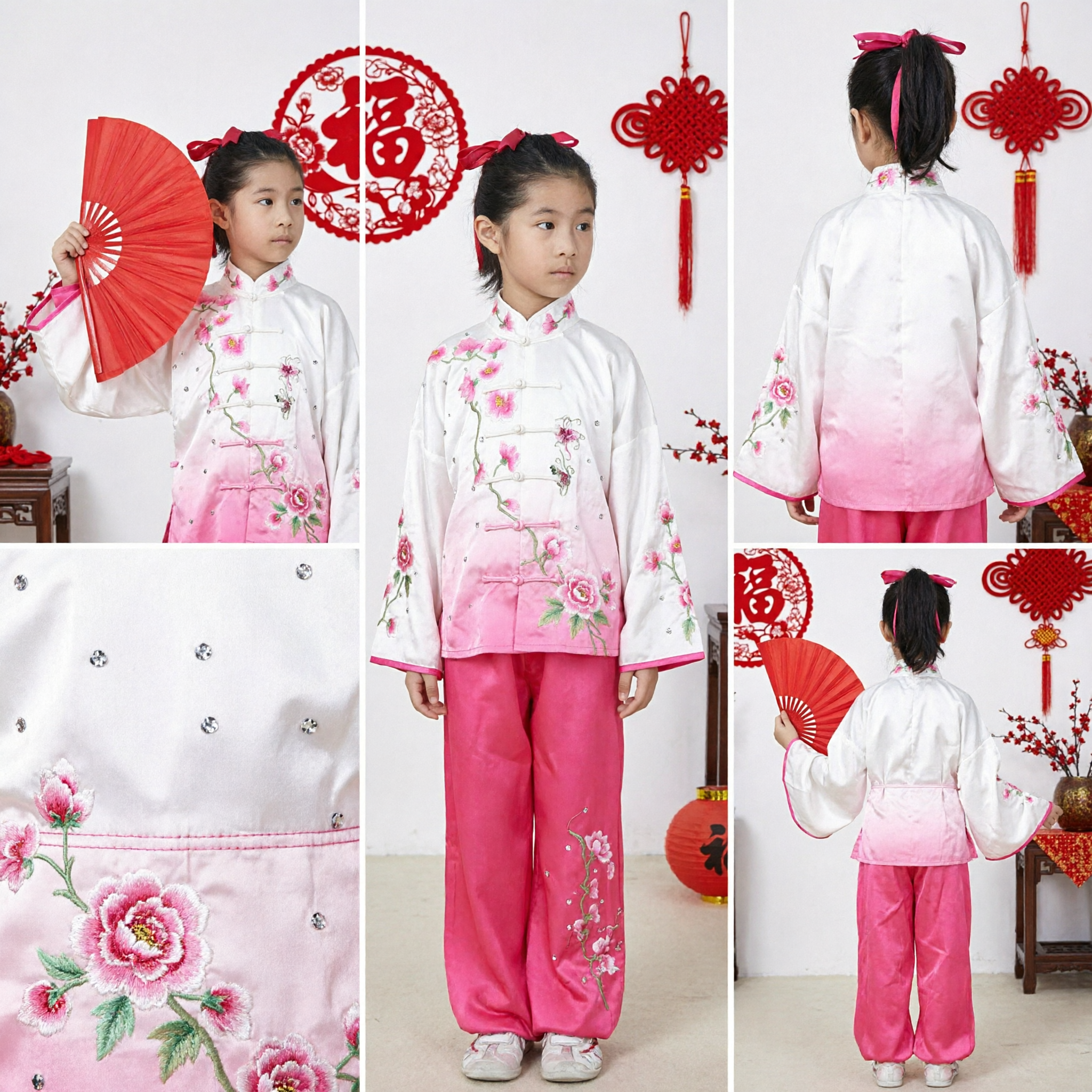 Uniforme traditionnel chinois de Kung Fu pour filles, costume Wushu Tai Chi pour enfants, ensemble brodé de fleurs - Asian Costume