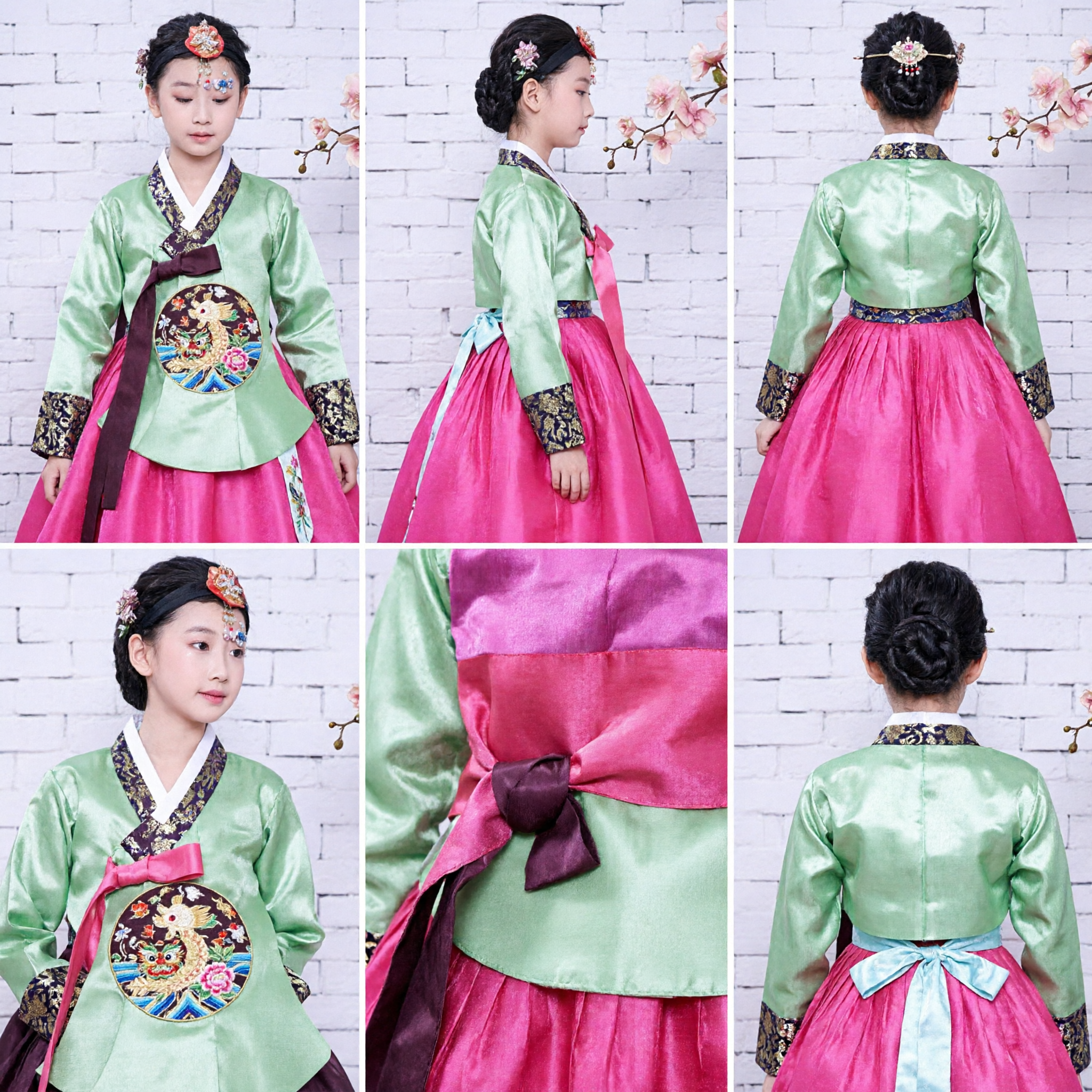 Traditioneel Koreaans Hanbok-kostuum voor Meisjes Groene Jeogori Roze Chima Geborduurde Jurk voor Kinderen Speciale Gelegenheid - Asian Costume