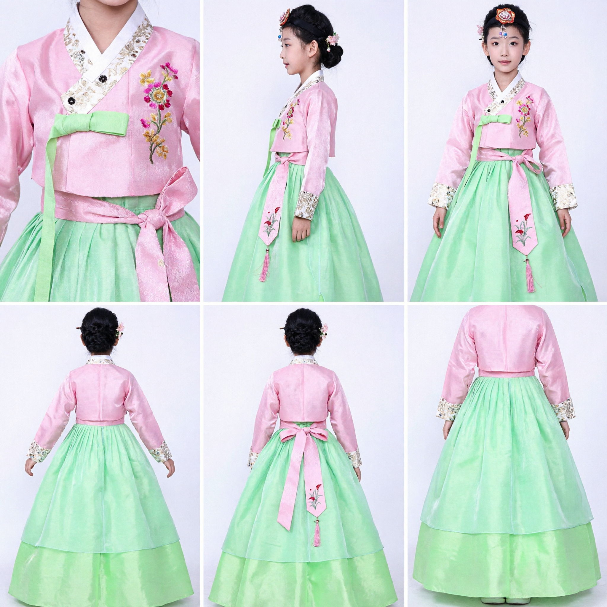 Traditionele Koreaanse Hanbok-jurk voor Kinderen Meisjes Roze en Groen Bloemenborduursel Kostuum voor Feestdagen - Asian Costume