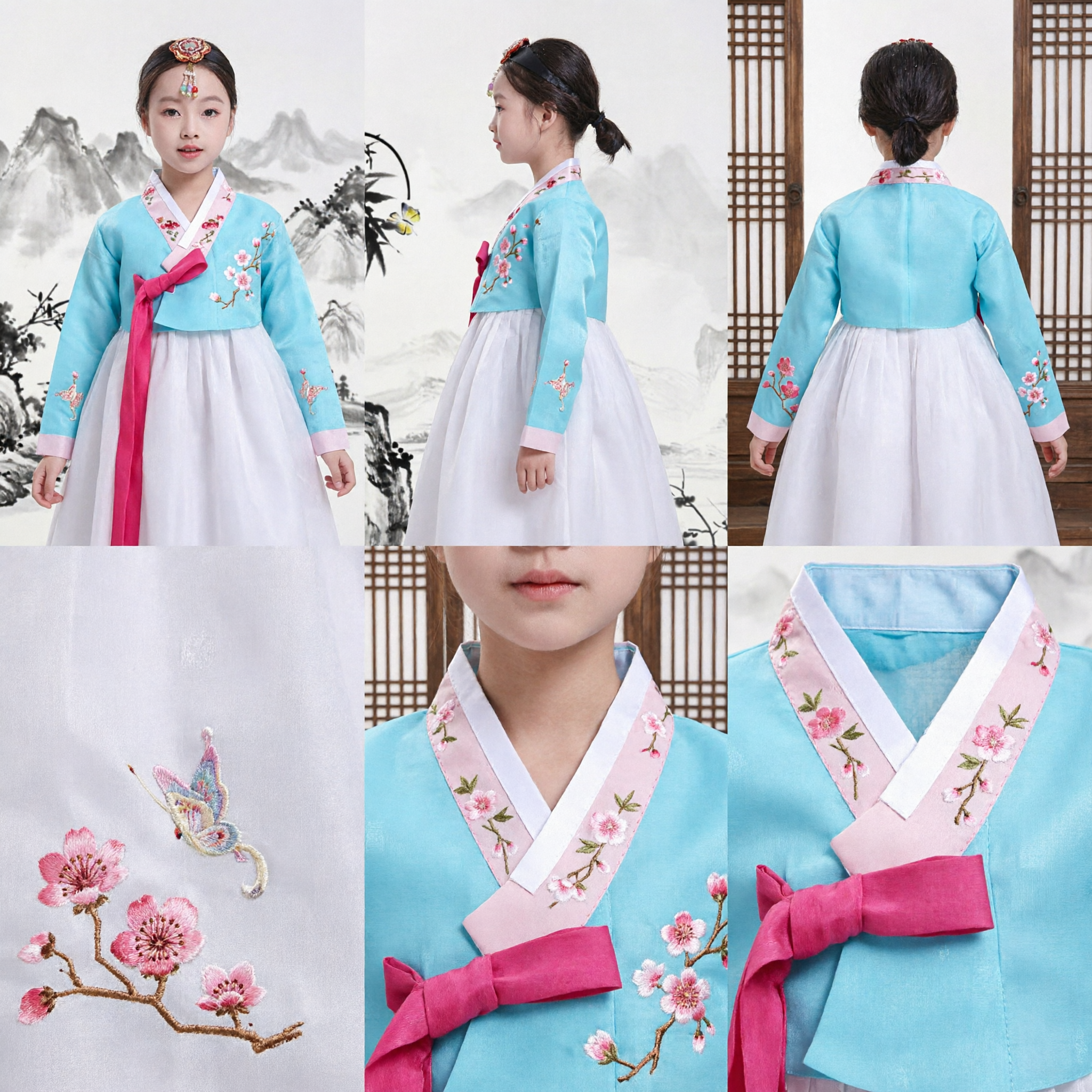 Hanbok Tradizionale Coreano per Ragazze Top Blu Ricamato e Gonna Bianca Costume Bambini per Festival e Feste - Asian Costume
