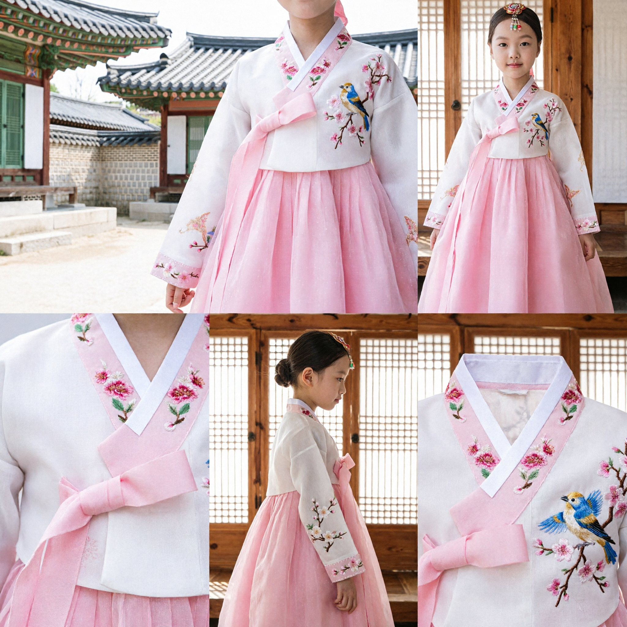Hanbok Tradicional Coreano para Meninas Vestido Bordado Rosa e Branco Traje Infantil para Ocasiões Especiais - Asian Costume