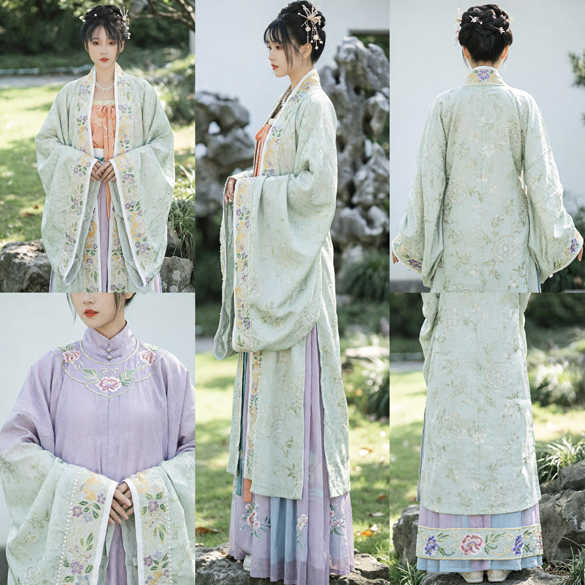 Elegantes traditionelles chinesisches Hanfu-Kostüm im antiken Song-Dynastie-Stil, hellgrün besticktes Gewand-Set für Frauen - Asian Costume