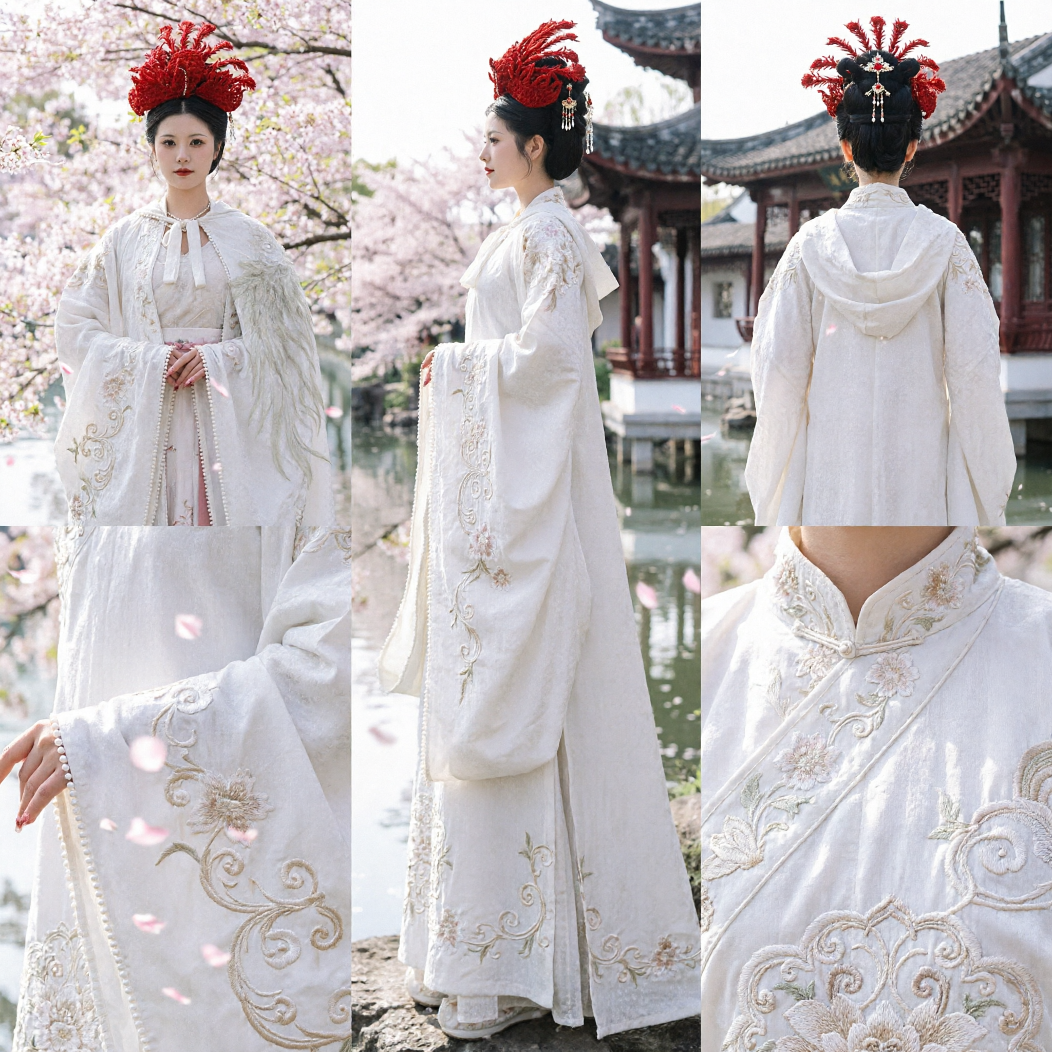 Traditioneel Chinees Hanfu Oud Kostuumset voor Vrouwen met Rode Bloemenkroon en Witte Feeënjurk voor Fotografie - Asian Costume