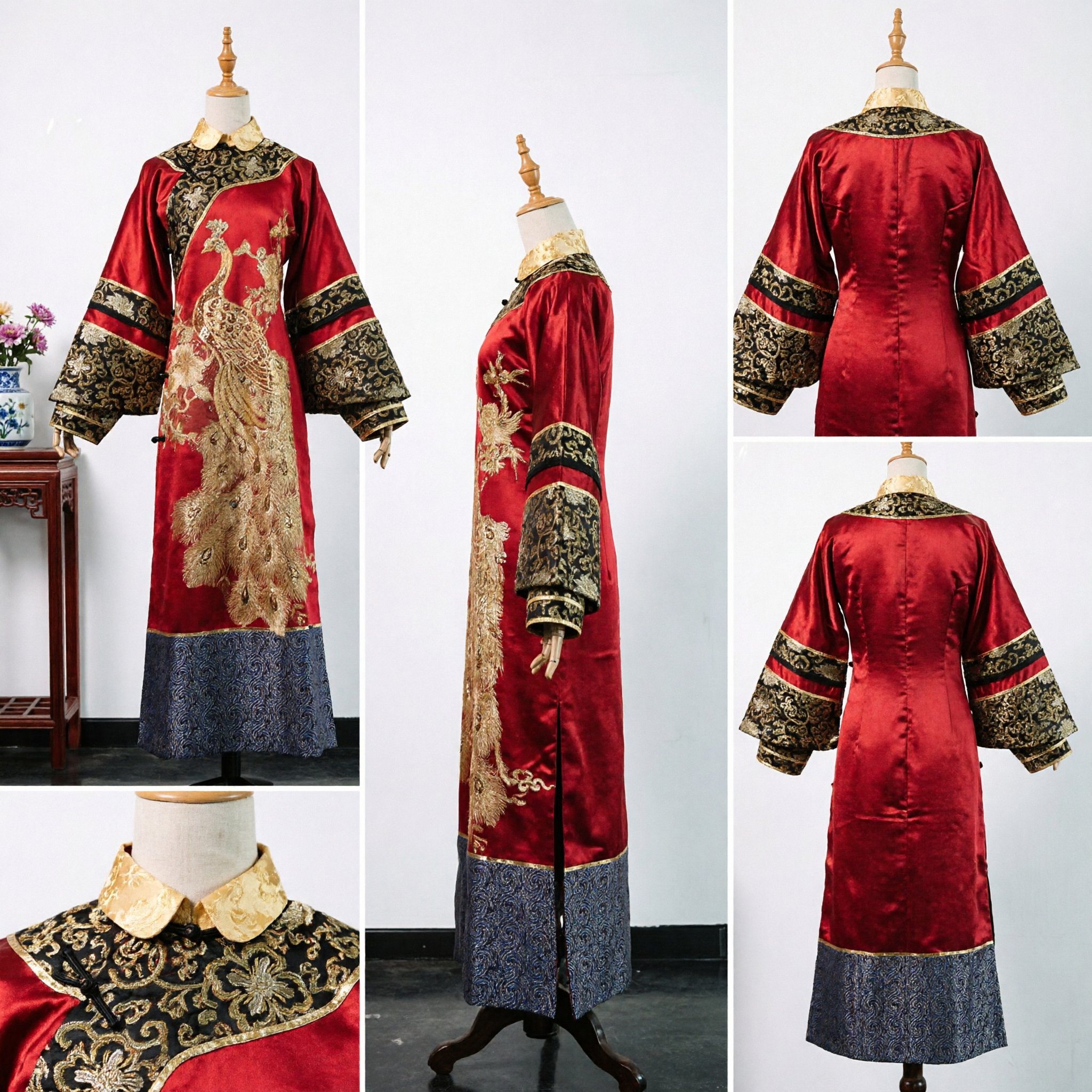 Traditionelles chinesisches rotes Pfauen-Embroiderie-Gewand, antikes Dynastie-Hochzeits-Cheongsam-Kostüm für Frauen - Asian Costume