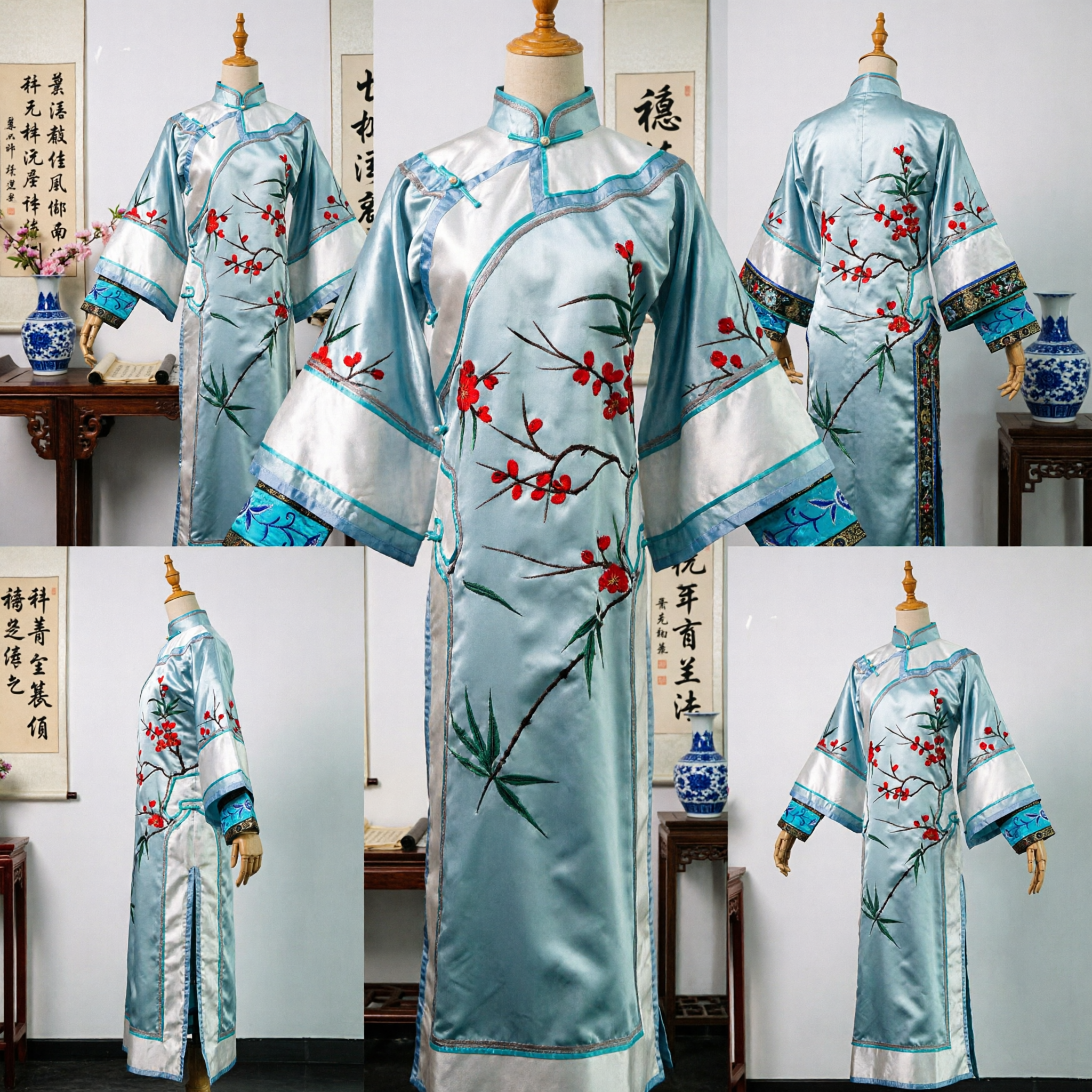 Traditionele Chinese Blauwe Zijden Cheongsam-jurk met Pruimenbloesemborduursel voor Vrouwen Podiumoptreden - Asian Costume