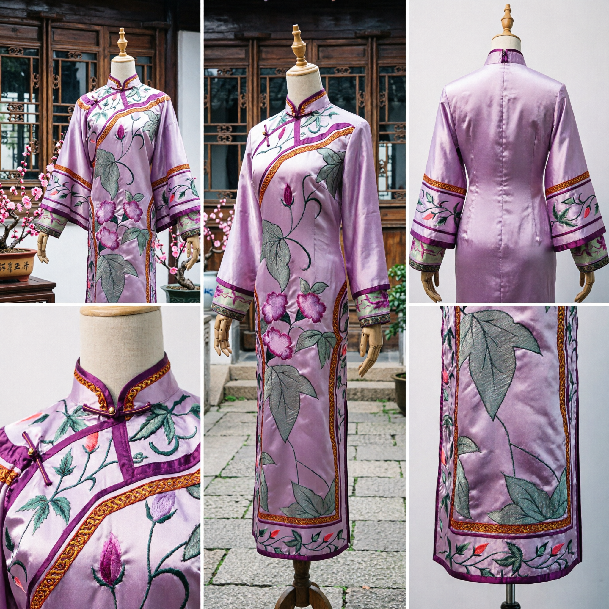 Traditionelles chinesisches lila Seiden-Cheongsam-Langkleid mit floraler Stickerei für Frauen, Bühnenauftritt - Asian Costume