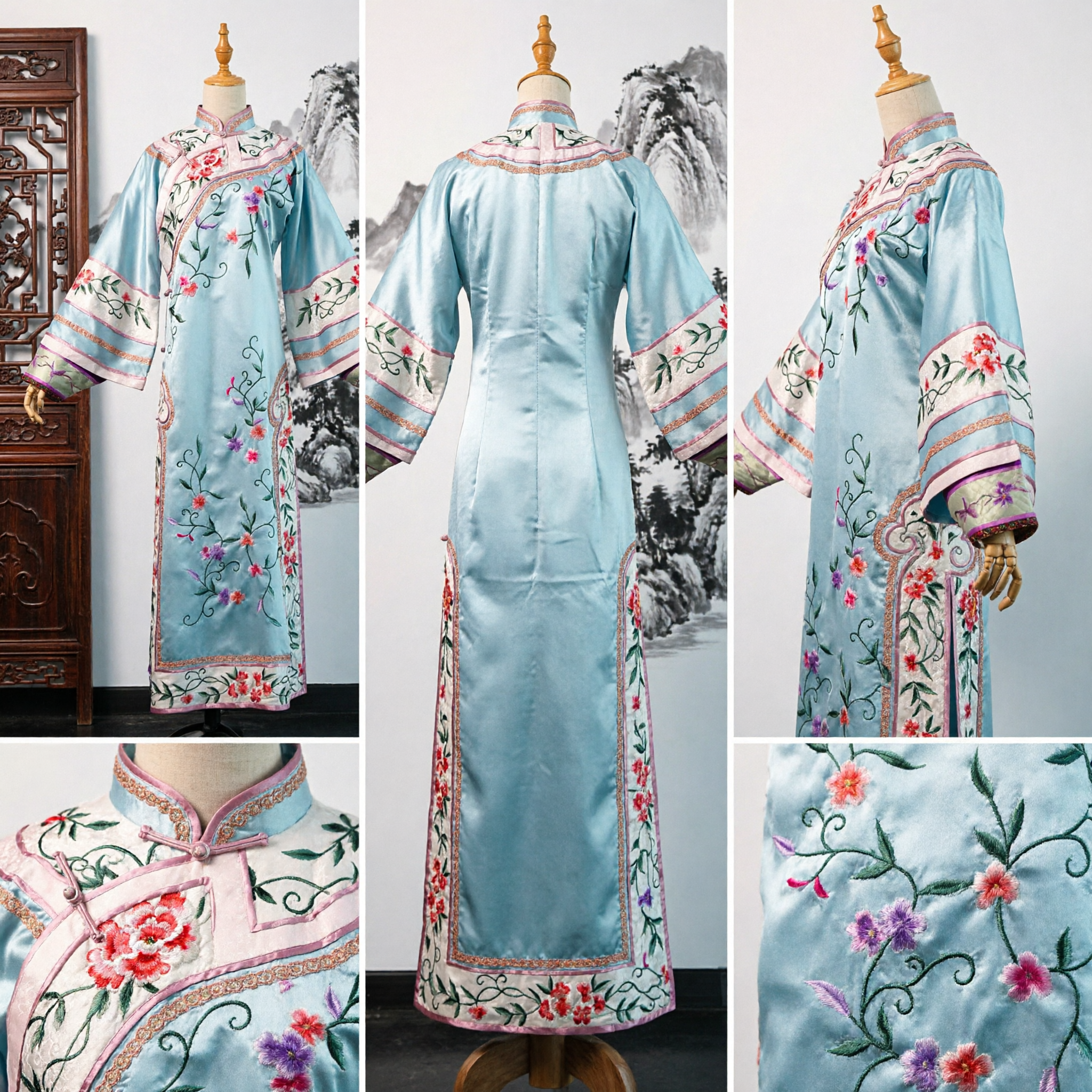 Traditionelles chinesisches Qing-Dynastie-blaues Seiden-Embroiderie-Gewand, antikes Kostüm für Frauen, Peking-Oper-Auftritt - Asian Costume