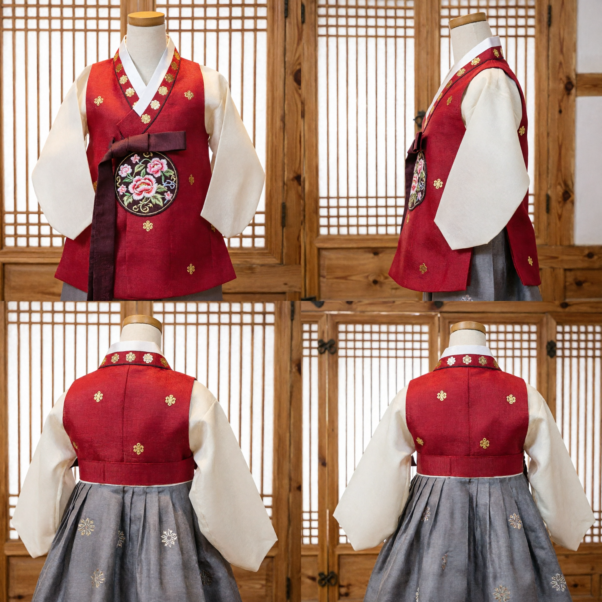 Hanbok Tradicional Coreano Chaleco Rojo Baeja con Bordado Floral Dorado para Boda de Mujeres - Asian Costume