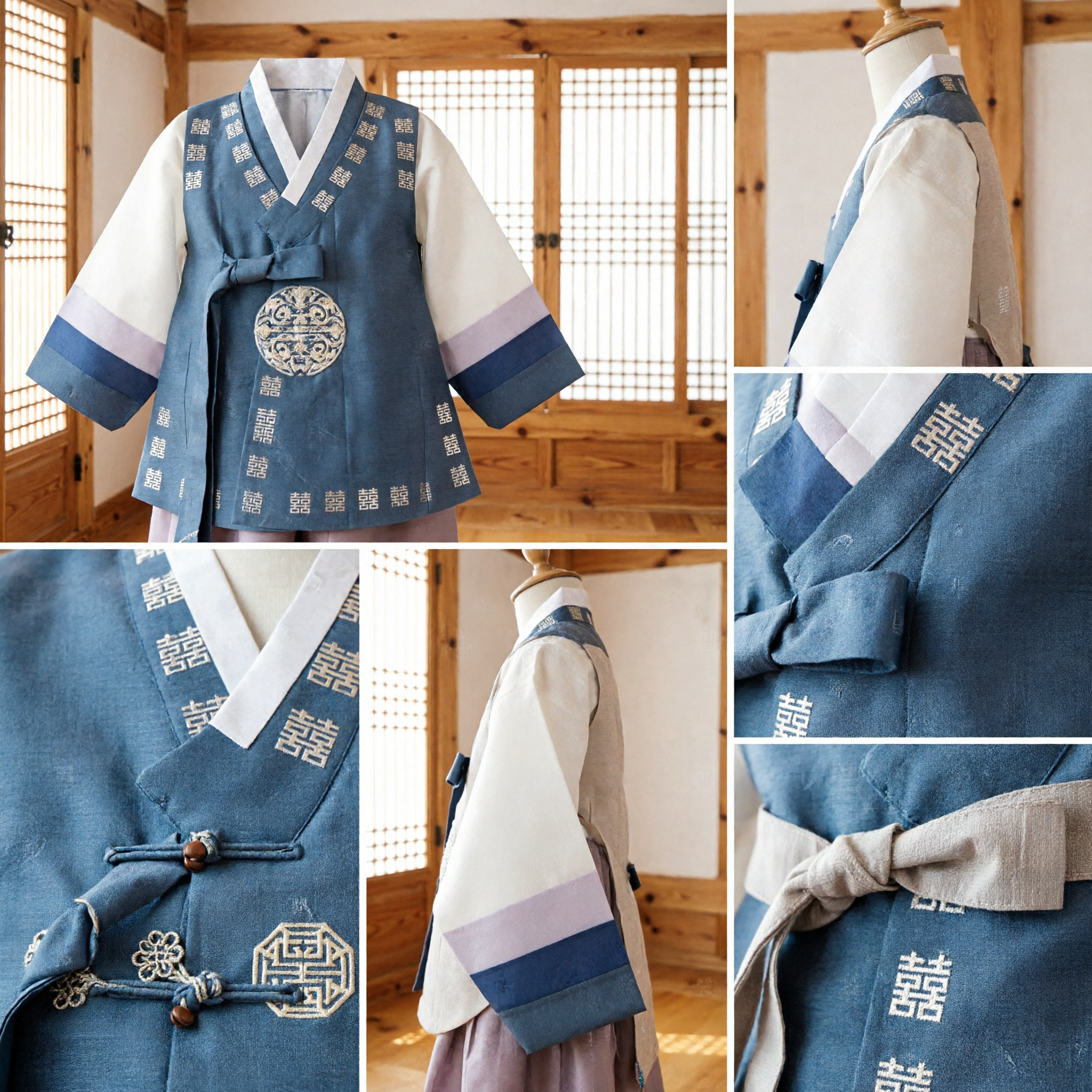 Hanbok Tradicional Coreano para Meninos Conjunto de Colete Cinza de Casamento com Padrão de Dupla Felicidade para Ocasiões Festivas - Asian Costume