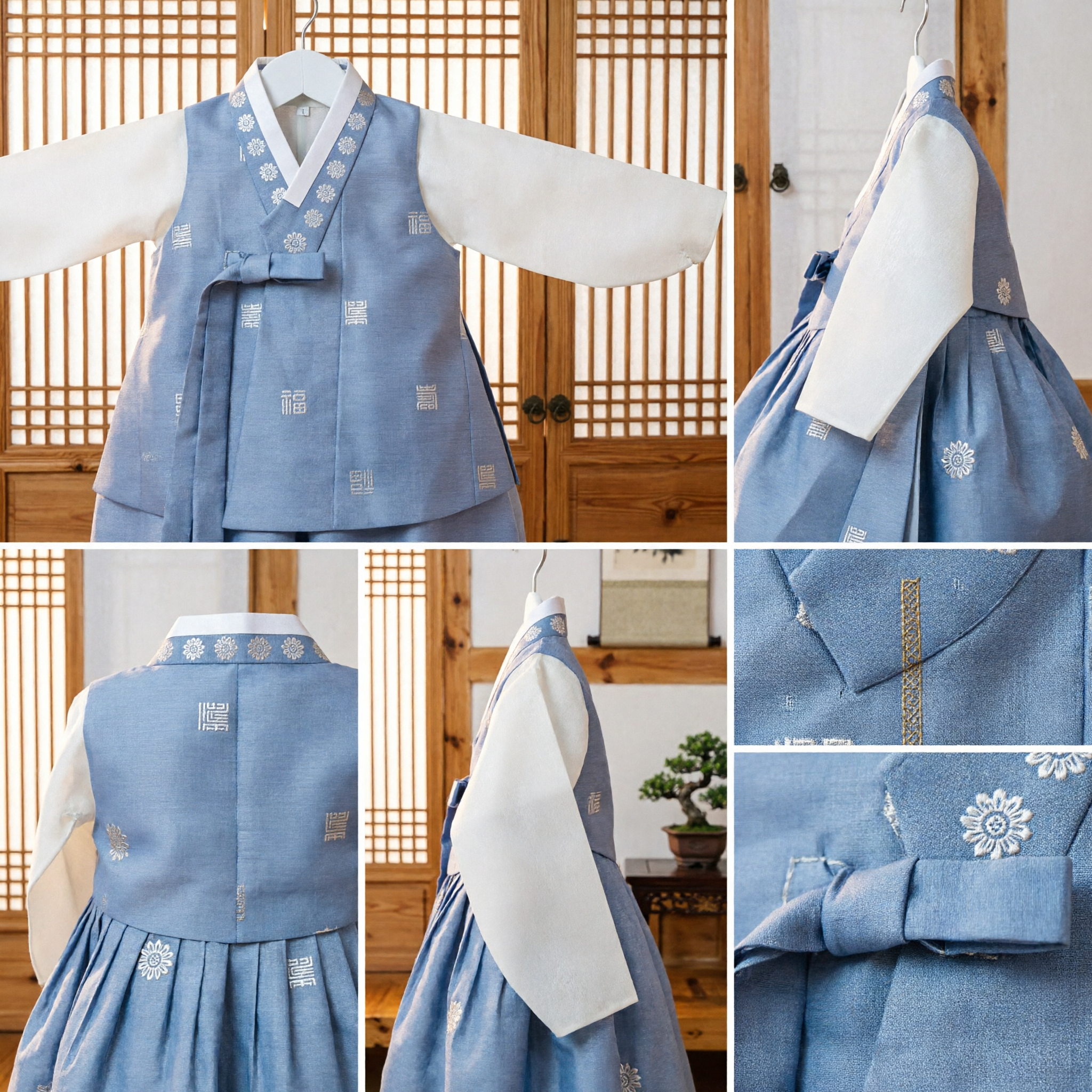 Traditionelles koreanisches Hanbok-Set für Jungen, blau bestickte Weste und weißes Hemd für Doljanchi, erstes Geburtstagsfest - Asian Costume