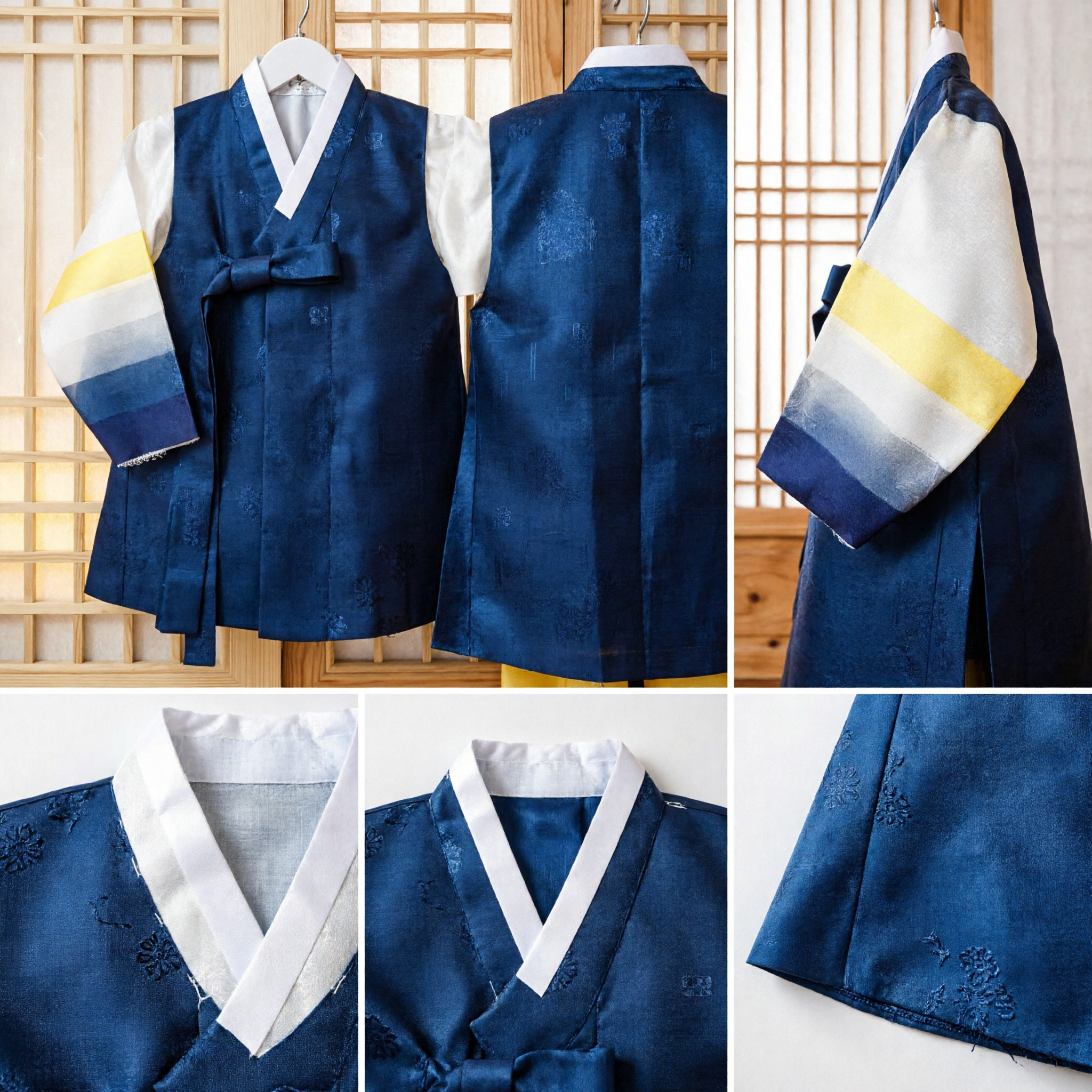 Hanbok Tradicional Coreano para Meninos Conjunto de Colete Azul com Mangas Coloridas para Primeiro Aniversário Doljanchi - Asian Costume