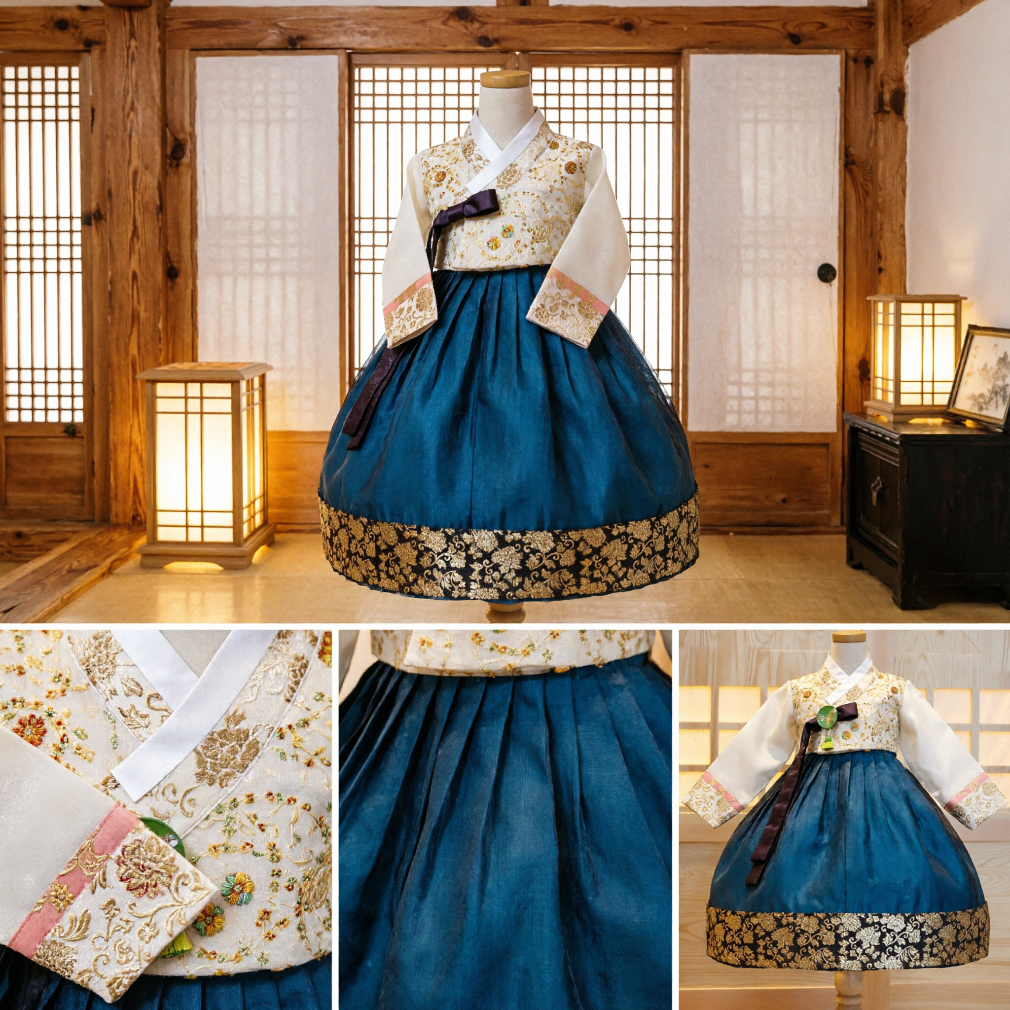 Hanbok traditionnel coréen pour filles - Robe formelle pour tout-petits avec broderies bleues et or - Costume pour mariage et Doljanchi - Asian Costume