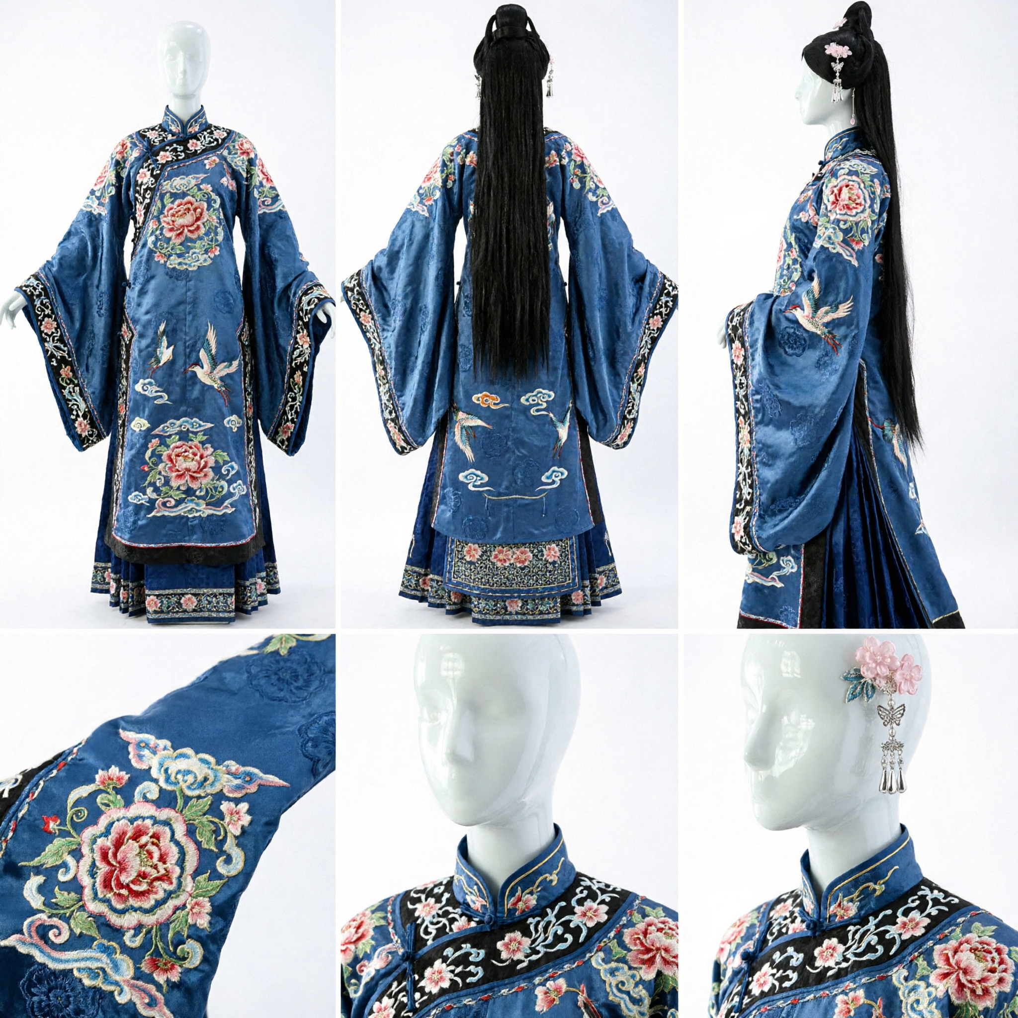 전통 중국 고대 공주 가발 (분홍색 꽃 머리핀과 은색 술 장식 포함, 한푸 코스프레용) - Asian Costume