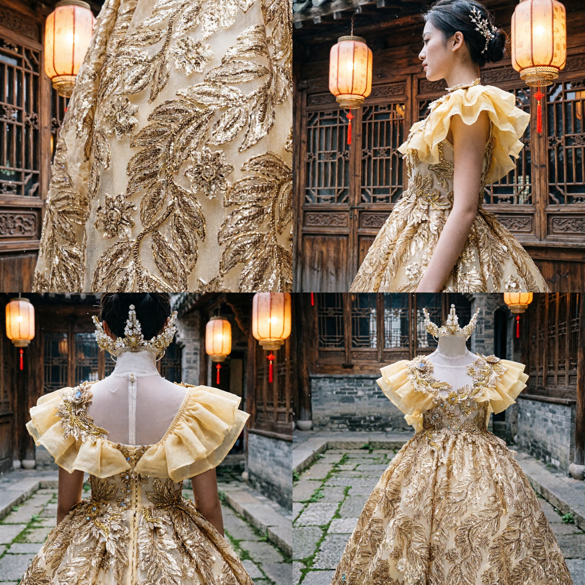 Elegancka złota sukienka księżniczki z cekinami i koroną dla dzieci – kostium na konkursy piękności i występy sceniczne - Asian Costume