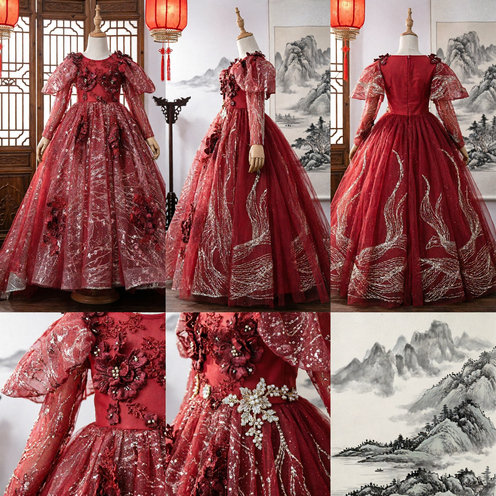 소녀용 빨간색 긴소매 툴 플라워 걸 드레스 시퀸 포멀 웨딩 파티 페이지언트 가운 - Asian Costume