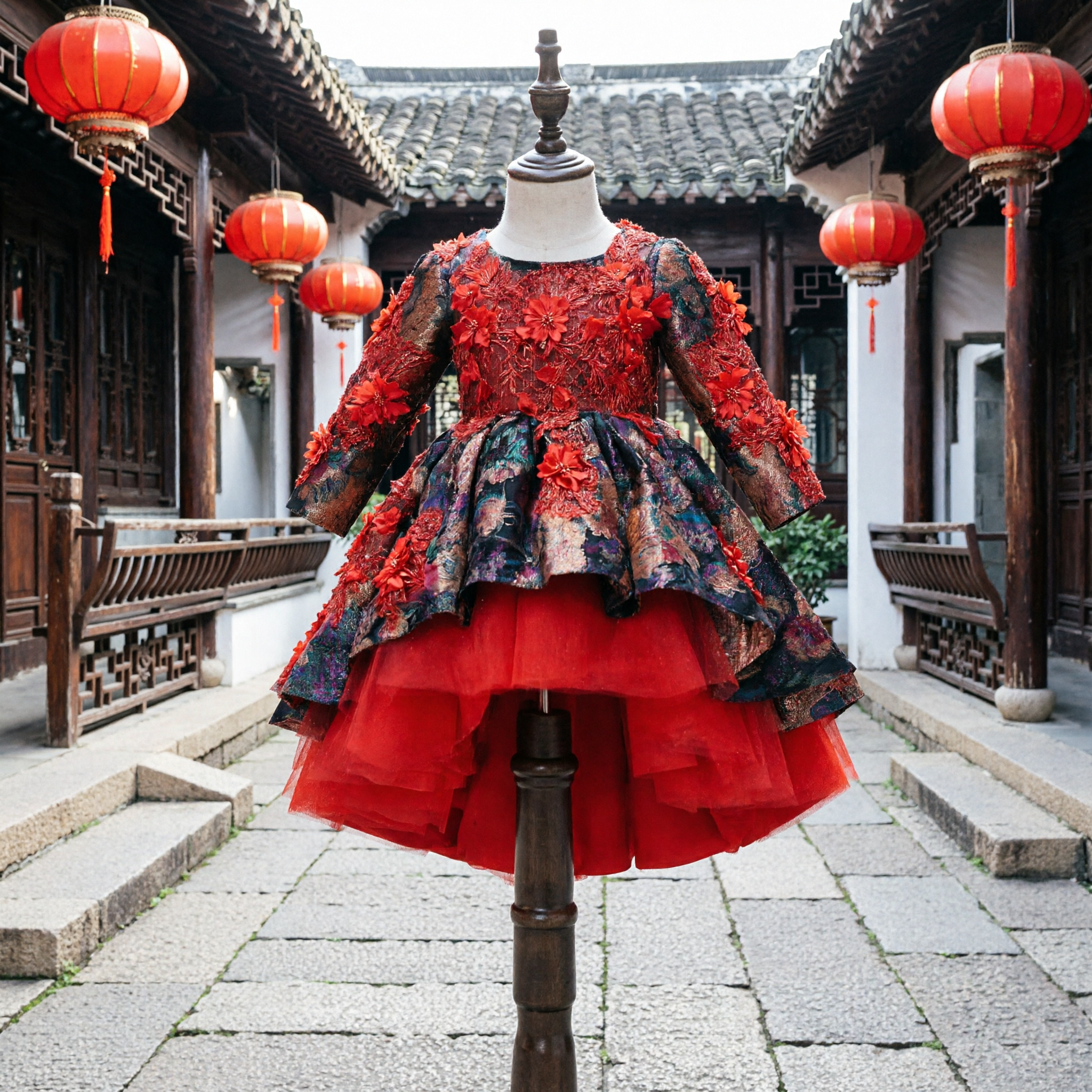Kinder Rotes 3D-Blumen-Applikationskleid, traditioneller chinesischer Brokat-High-Low-Rock, Hochzeitsblumenmädchen formelle Robe - Asian Costume