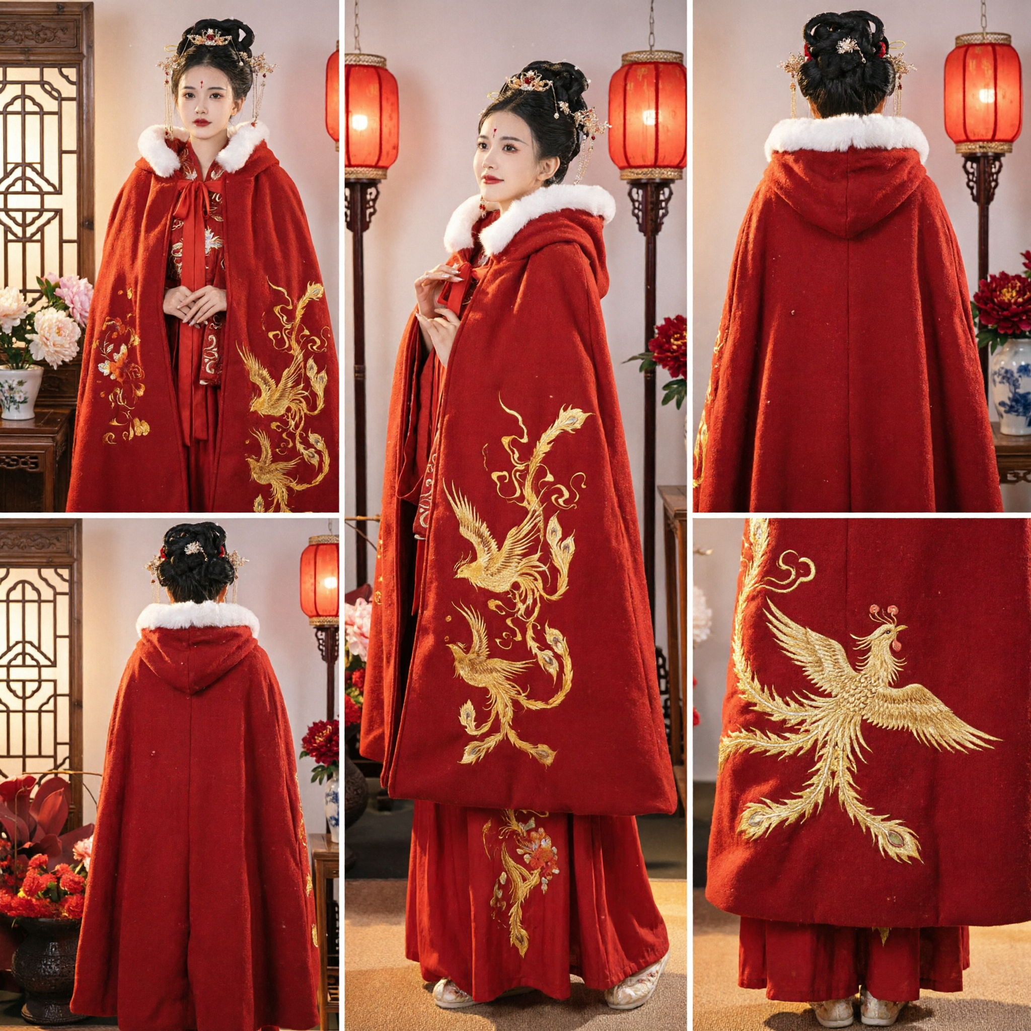 Capa Tradicional China Roja de Hanfu con Bordado de Fénix Dorado y Cuello de Piel para Mujer, Capa de Invierno para Bodas - Asian Costume
