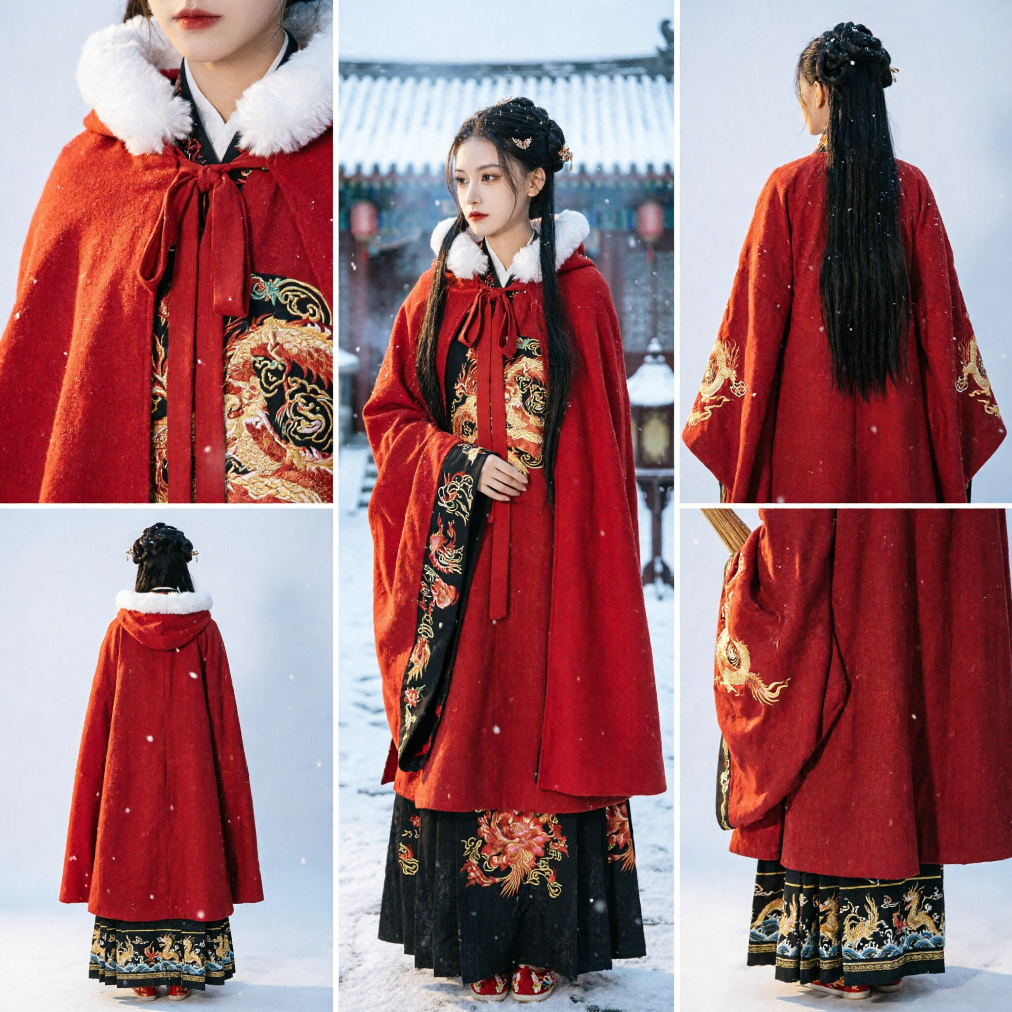 Oud Chinees Hanfu Rode Wintermantel Met Bontkraag en Draak Borduursel Traditioneel Kostuum voor Vrouwen - Asian Costume