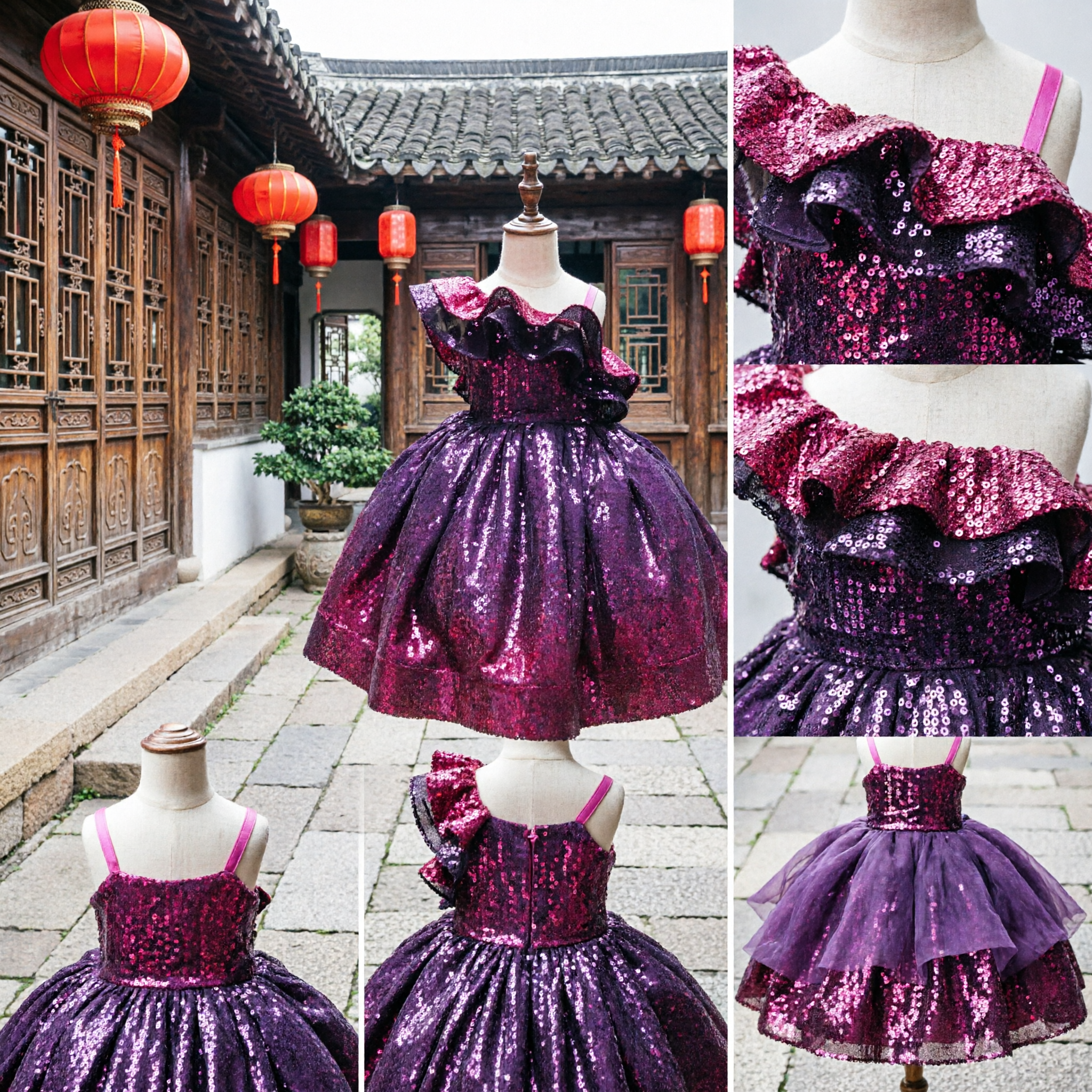 Mädchen Lila verlaufendes Pailletten-Ballkleid, Bühnenauftrittskostüm für Tanzvorspiel und Schönheitswettbewerbsparty - Asian Costume
