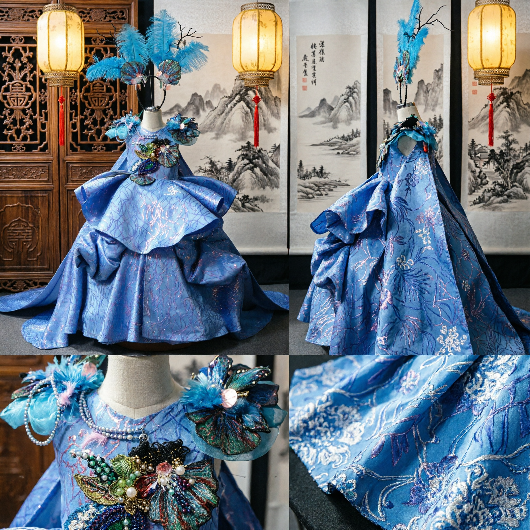 Vestido de Princesa Pavão Azul para Meninas com Acessório de Cabeça de Penas, para Performance no Palco e Carnaval - Asian Costume