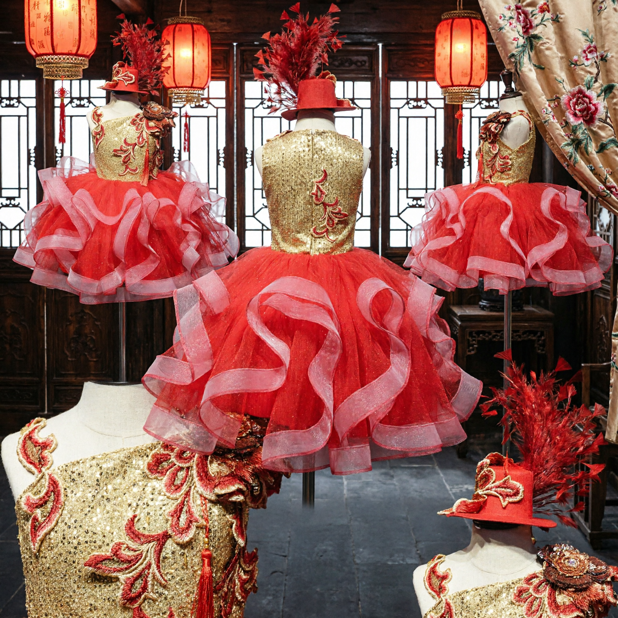 Girls Red Gold Sequin Latin Dance Performance Costume with Ruffle Tutu Skirt and Matching Feather Hat - Asian Costume