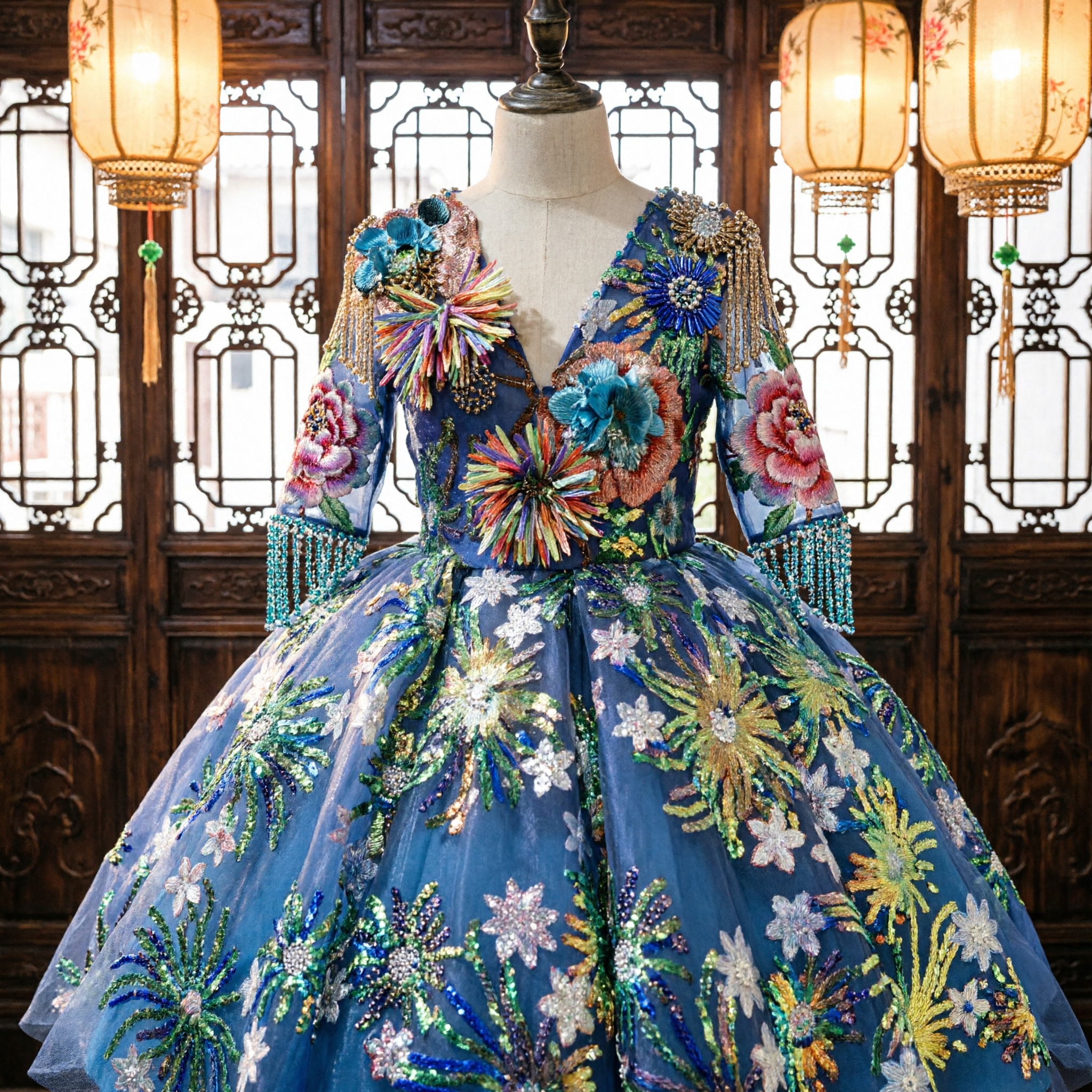 Королевское синее платье для латиноамериканских танцев с юбкой с цветочными пайетками и головным убором из перьев для сценических выступлений и соревнований - Asian Costume