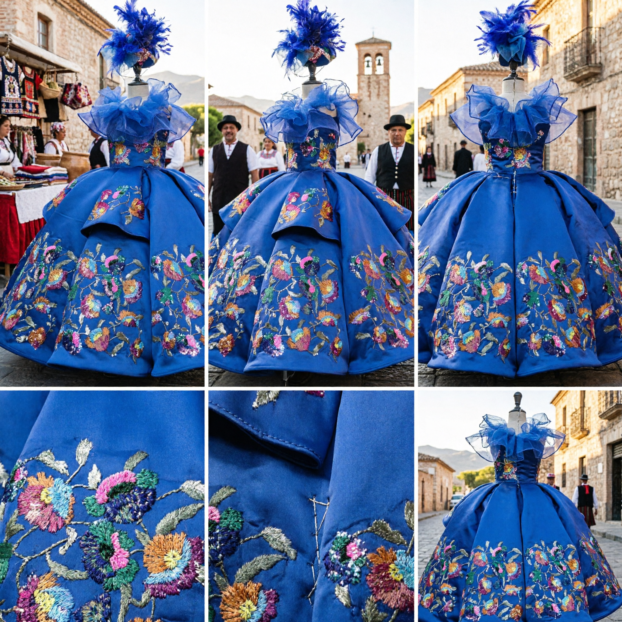 Königsblaues traditionelles chinesisches Volkstanzkostüm mit Blumenstickerei und Federkopfschmuck für Damen-Bühnenauftritte - Asian Costume