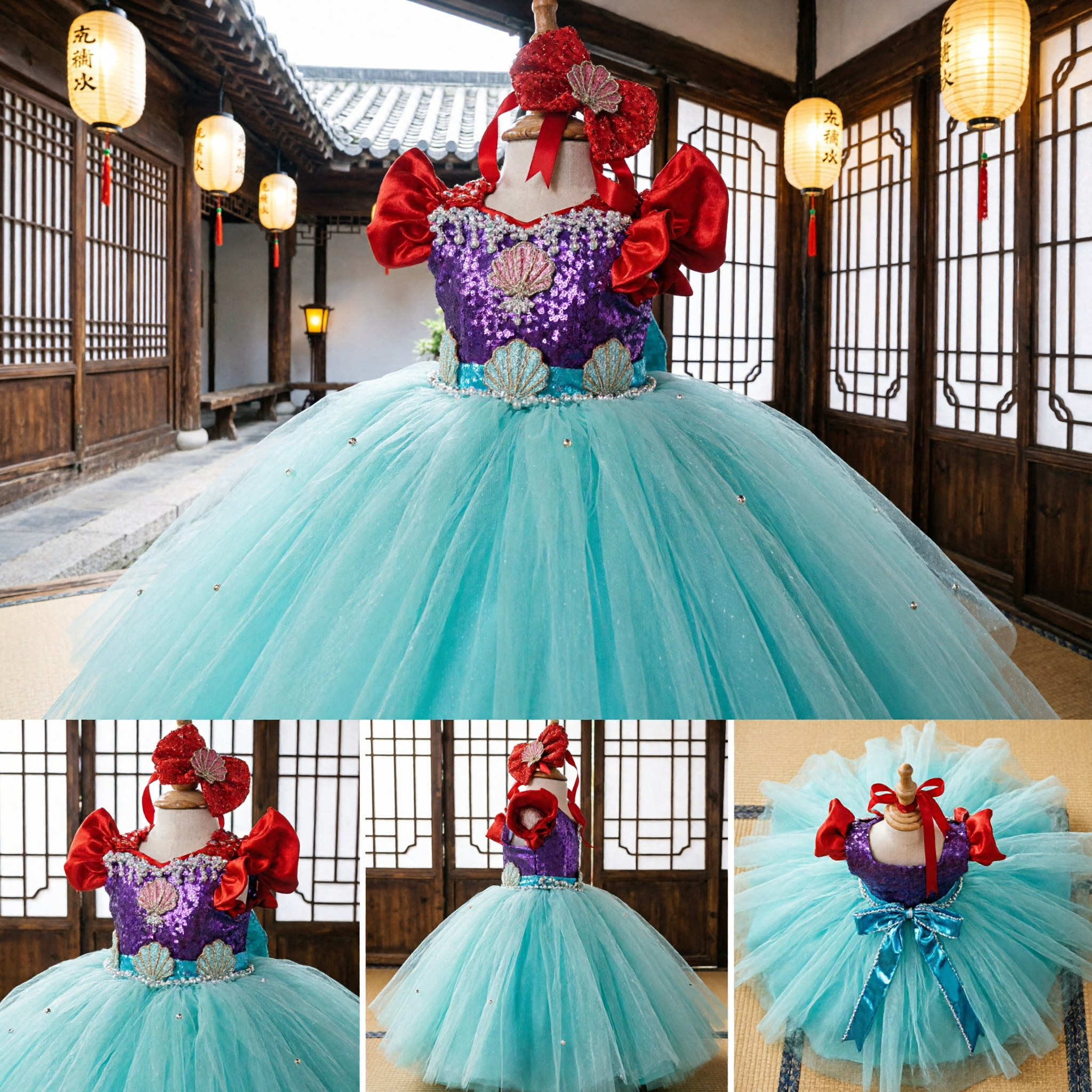 Dziewczęcy kostium księżniczki-małej syrenki, fioletowy stanik z cekinami, czerwone rękawy, spódnica z tiulu, na przyjęcie halloweenowe - Asian Costume