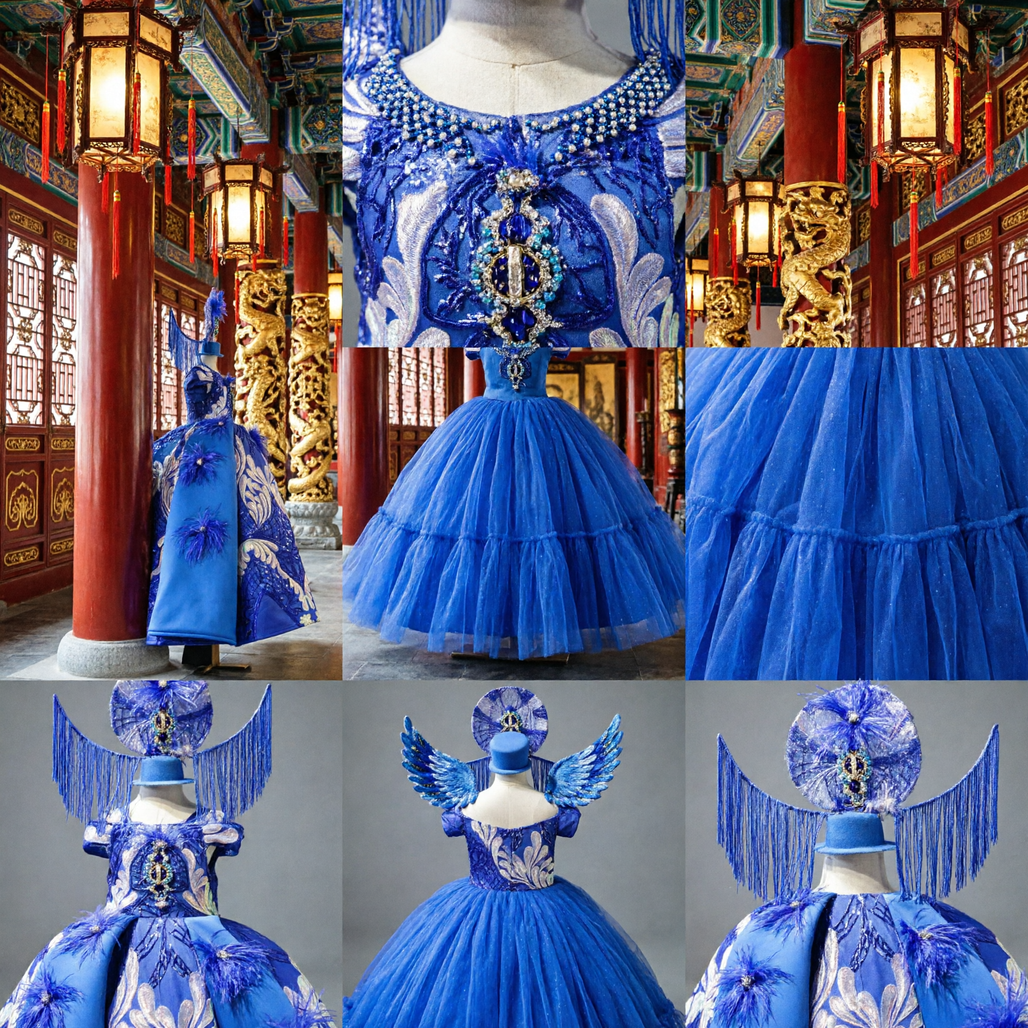 Vestido de Performance no Palco Tradicional Chinês Azul Royal com Penas e Acessório de Cabeça para Cantoras - Asian Costume