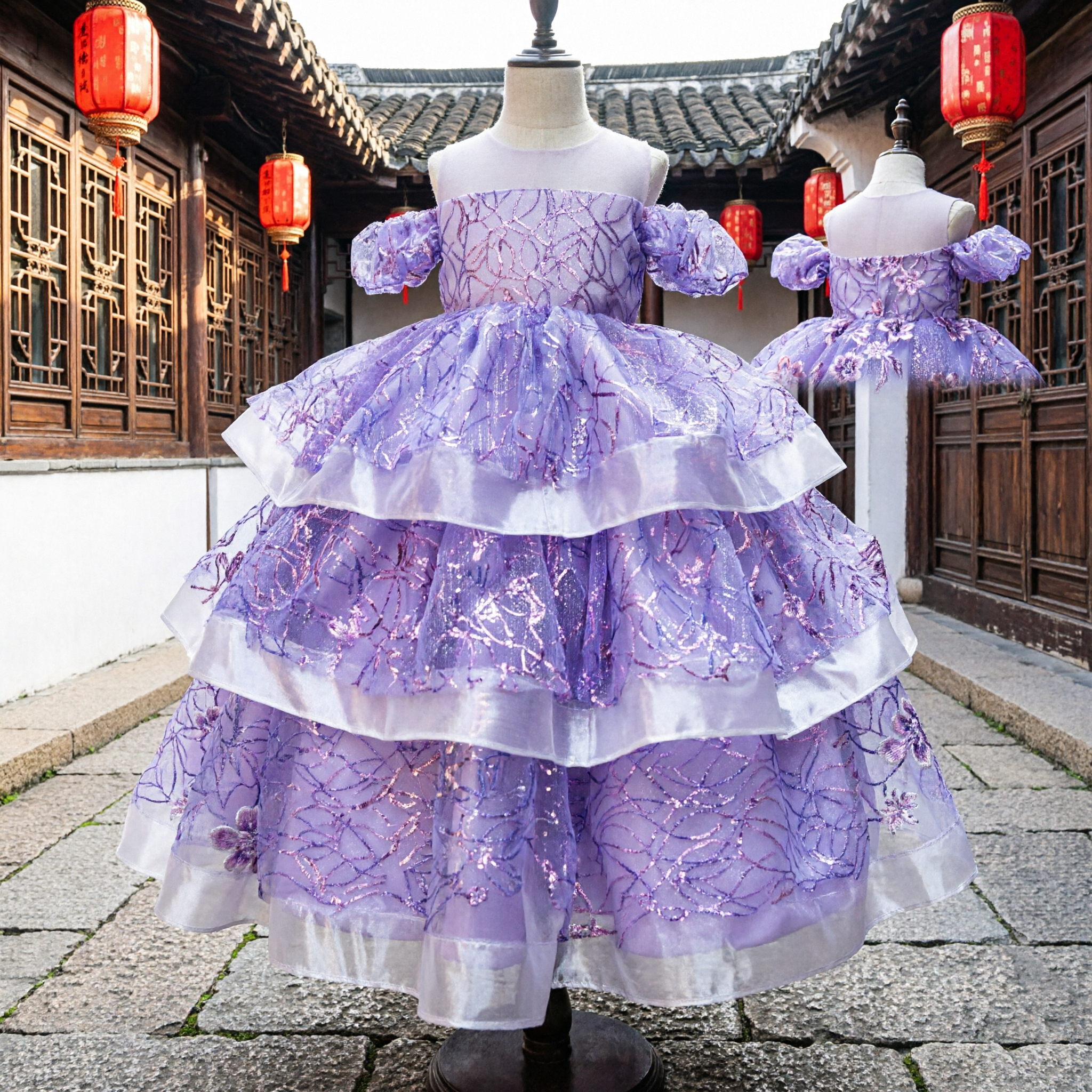 Vestido de Princesa Púrpura para Niñas, Vestido de Organza con Niveles para Damita de Honor en Bodas, Fiestas de Cumpleaños y Disfraces - Asian Costume