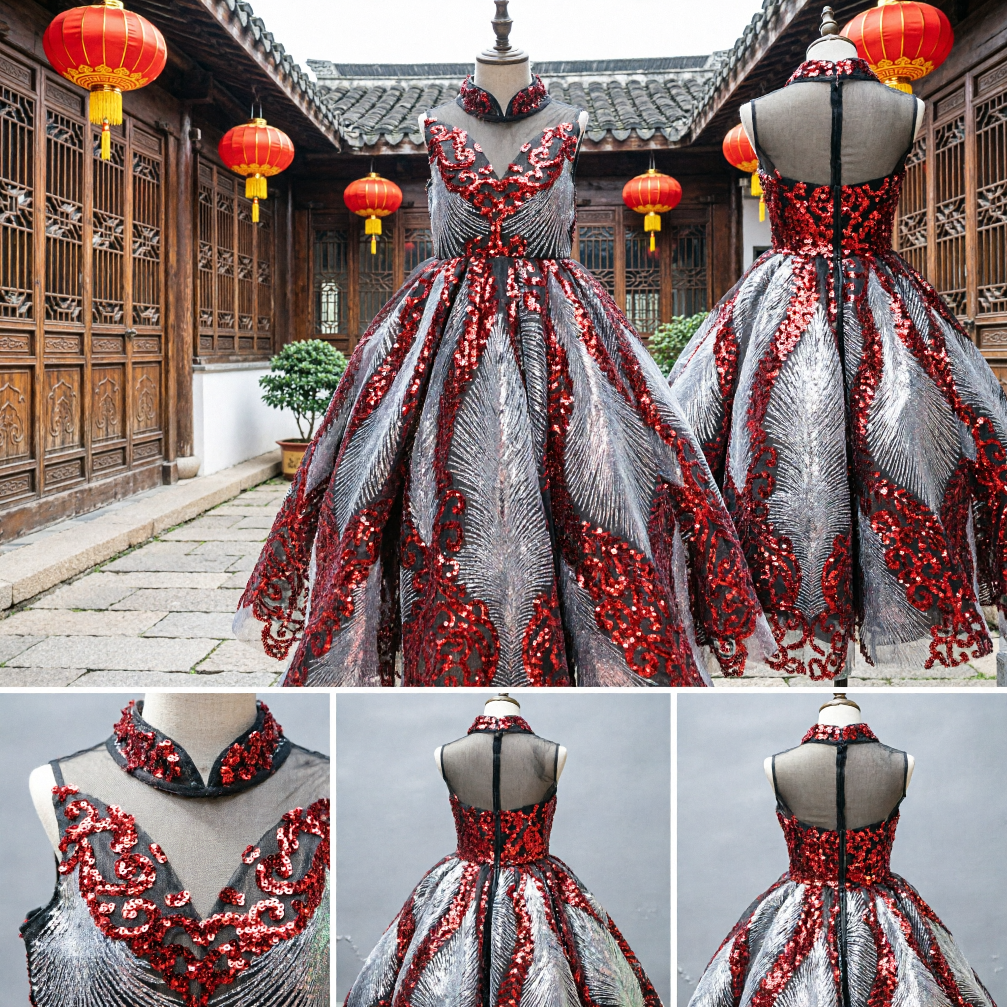 Elegante Kinderen Meisjes Rode Pailletten Bloemen Baljurk Formele Jurken Chinese Stijl Bruiloft Feest Optreden Kostuum - Asian Costume