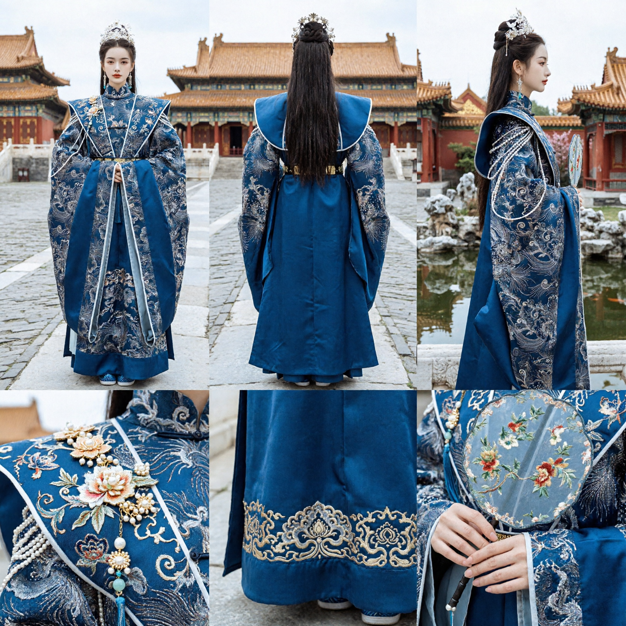 Traditionelle chinesische Hanfu Ming-Dynastie blauer bestickter Umhang Antikes Palastkostüm für Frauen Historische Veranstaltungen - Asian Costume