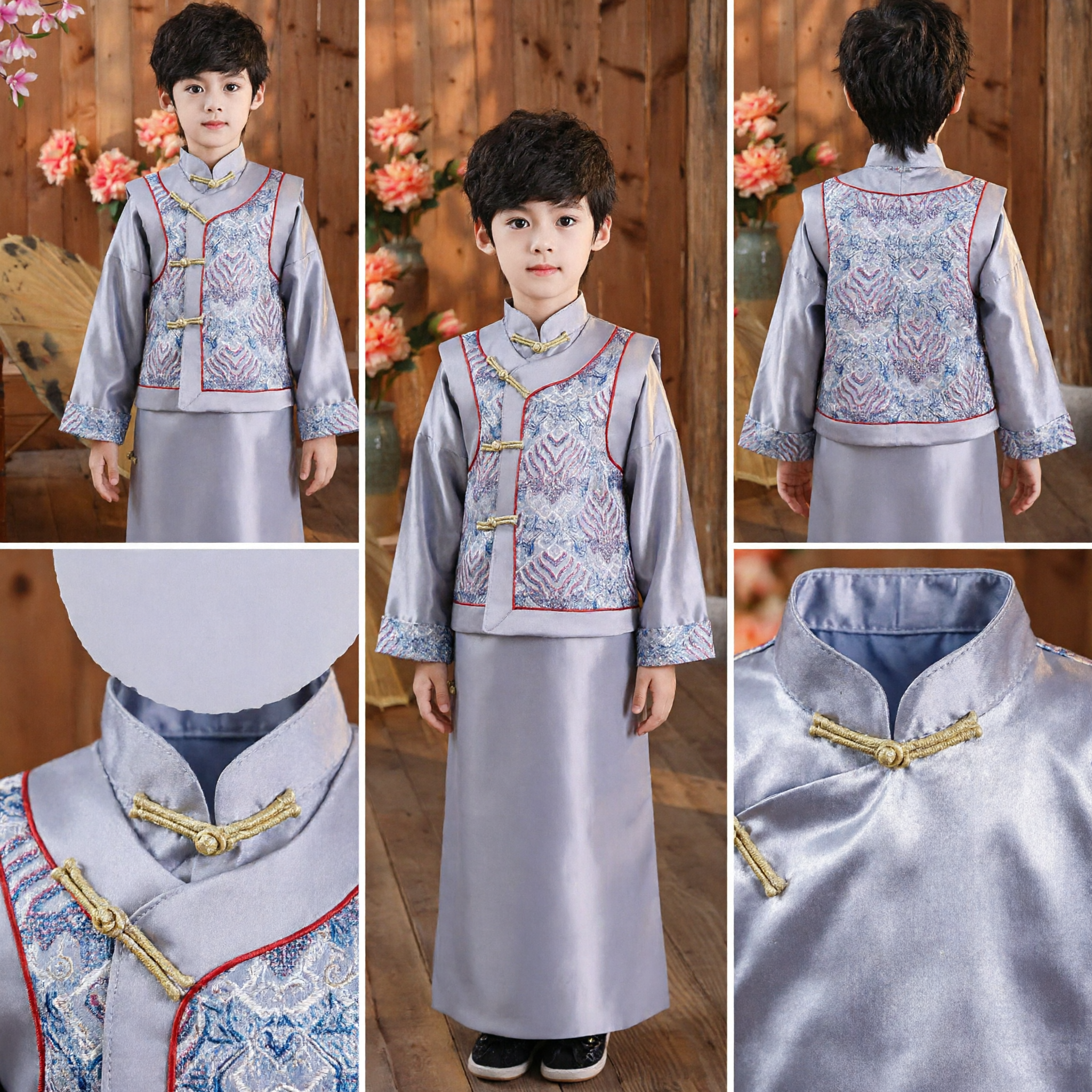 Traje Hanfu Tradicional Chino para Niños, Conjunto de Chaleco y Túnica Gris Plateado para Boda y Actuación - Asian Costume
