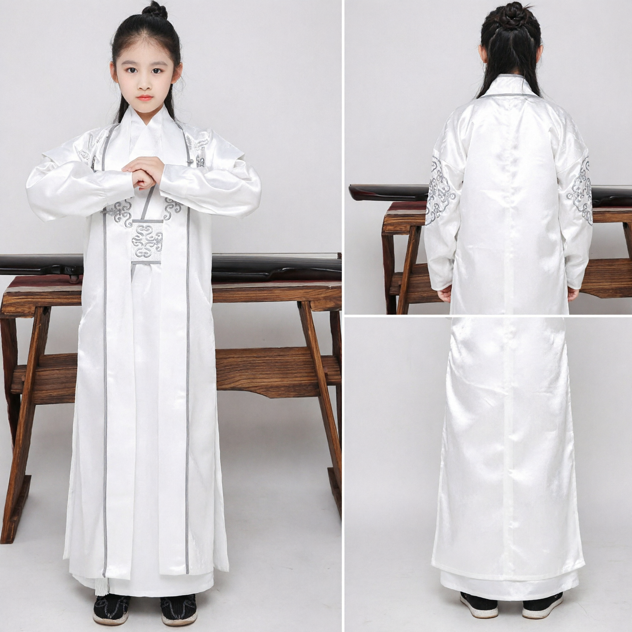 Kids White Chinese Traditional Hanfu Ancient Scholar Robe Embroidered Costume for Children Performance Cosplay - Asian Costume