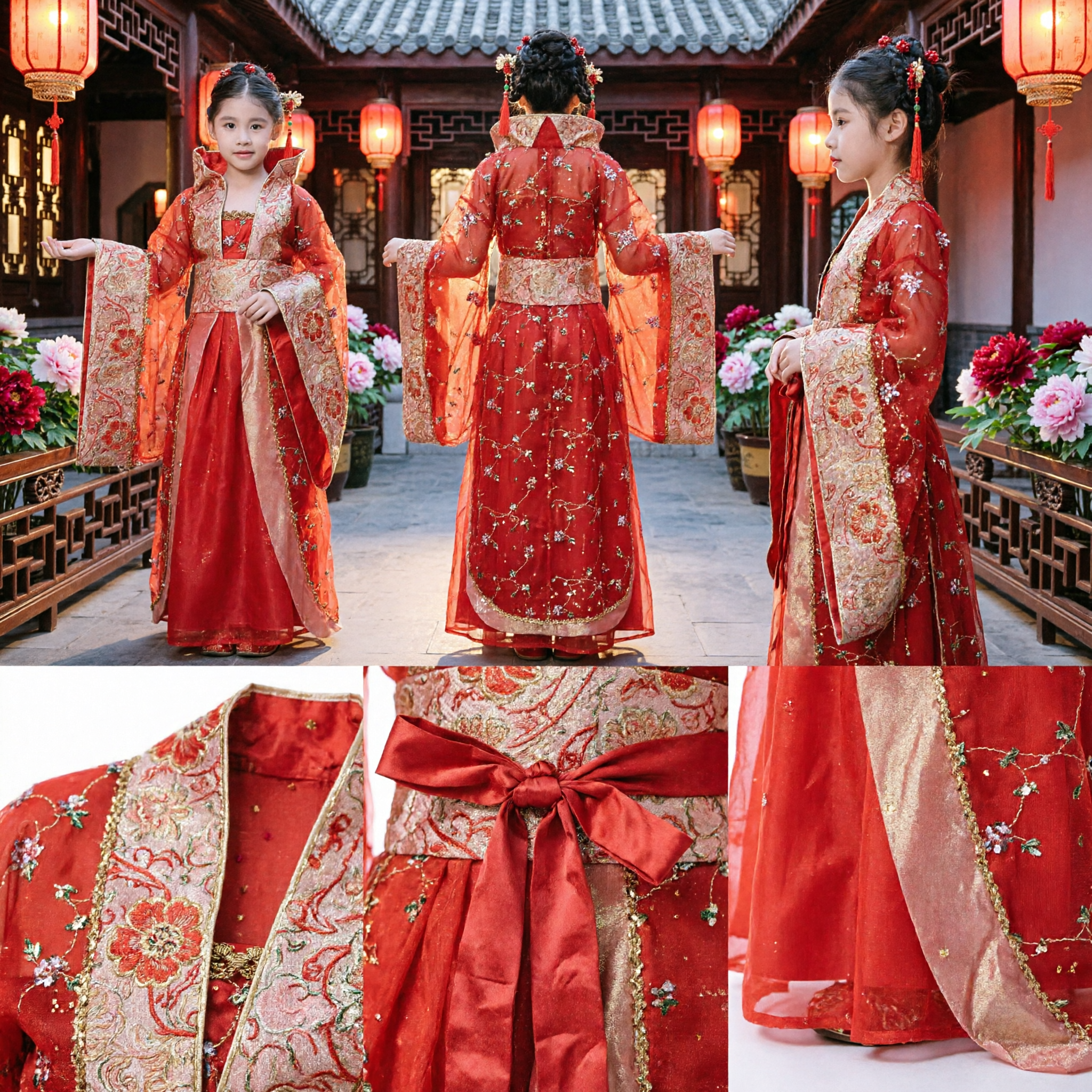 Vestido Hanfu Tradicional Chino Rojo para Niñas, Traje de Princesa de la Dinastía Tang Antiguo con Bordado - Asian Costume
