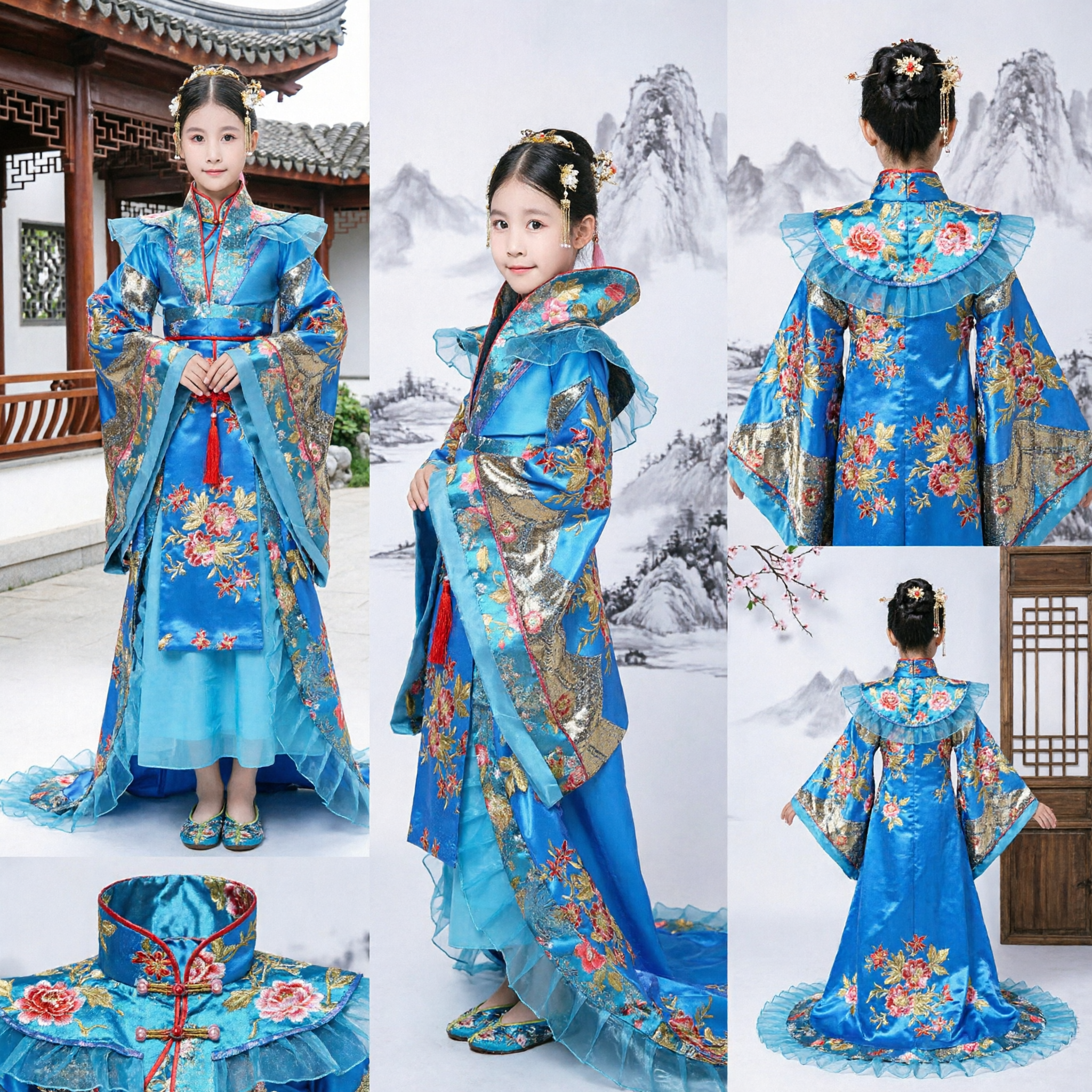 Blue Chinese Traditional Hanfu Costume for Girls Tang Dynasty Princess Dress Embroidered Fairy Clothing Kids Festival - Asian Costume