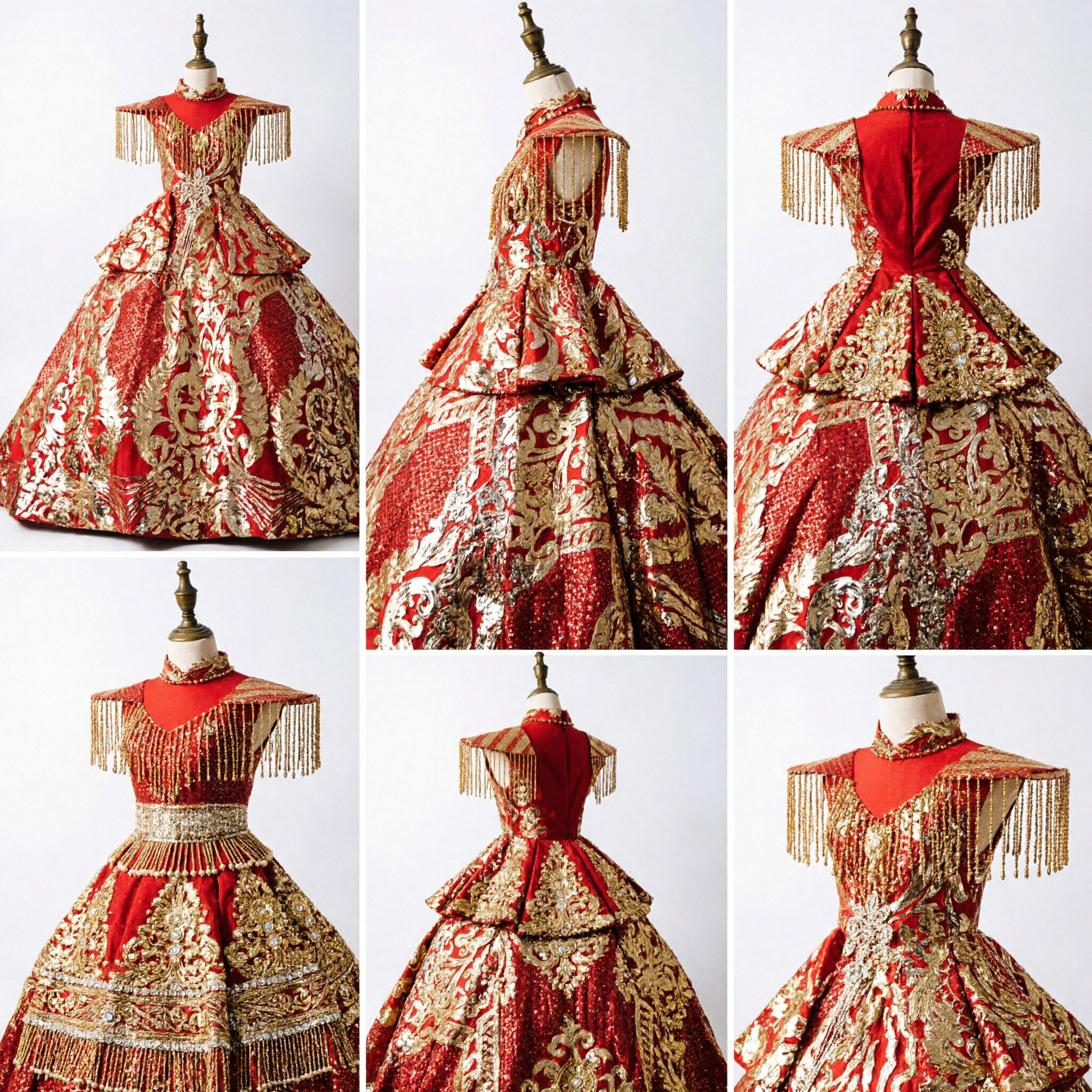 Robe de mariée chinoise luxueuse rouge avec broderie dragon et phénix dorés, robe à panier pour mariées traditionnelles - Asian Costume