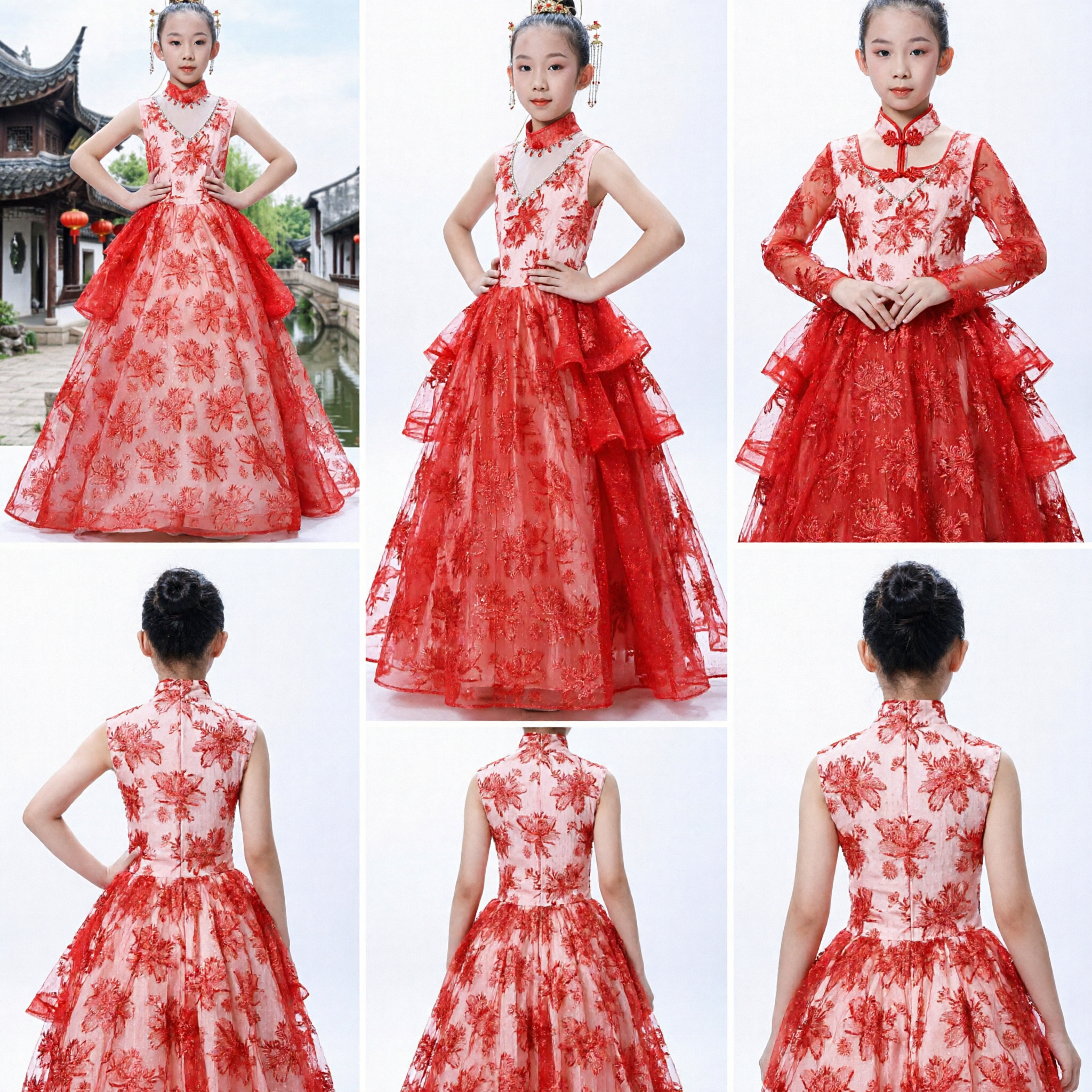 Vestido de Baile Vermelho com Bordado Floral para Meninas, Estilo Tradicional Chinês para Apresentações e Concursos - Asian Costume