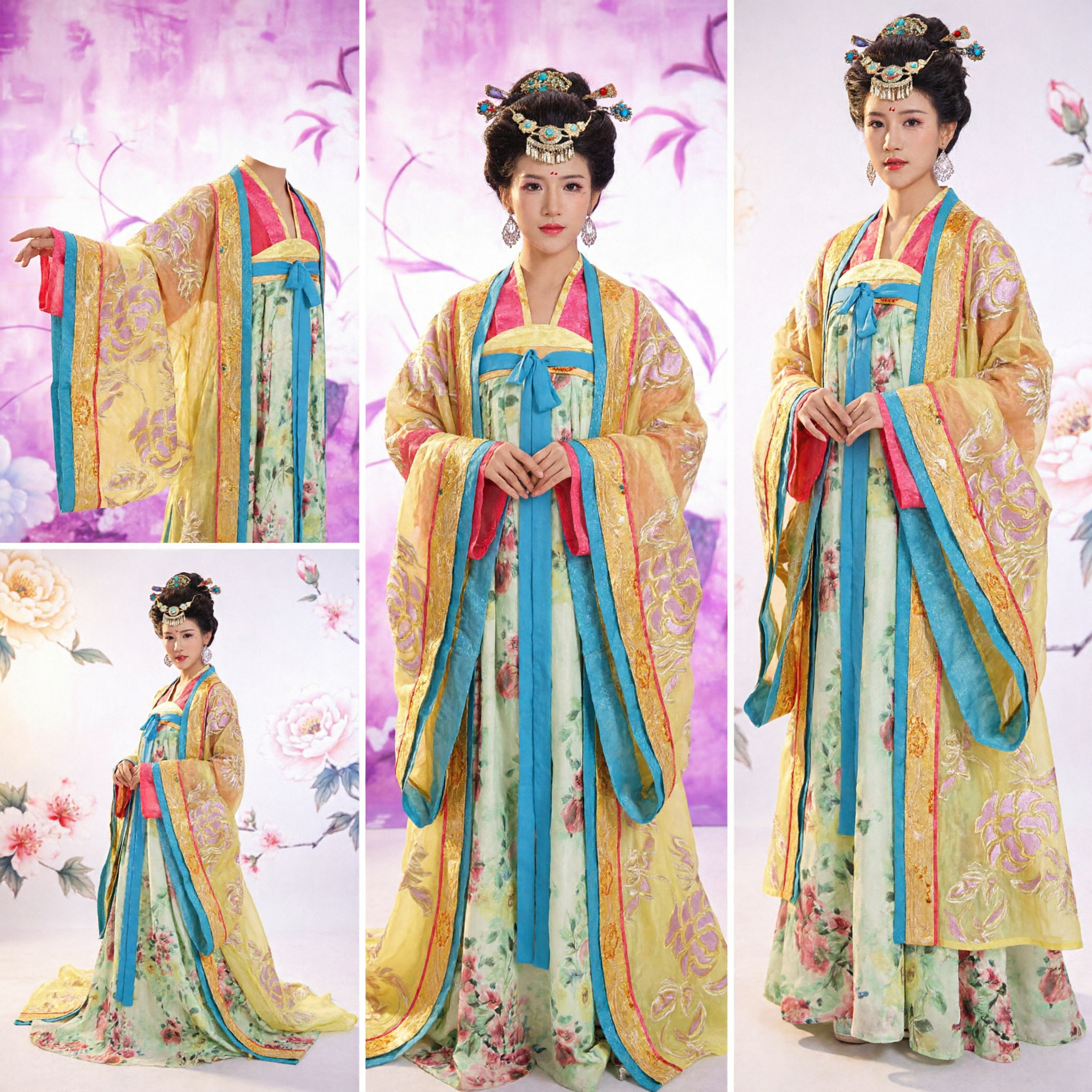 Hanfu da Antiga Dinastia Tang Chinês Traje Tradicional Vestido de Palácio Amarelo Floral para Mulheres para Performance no Palco - Asian Costume