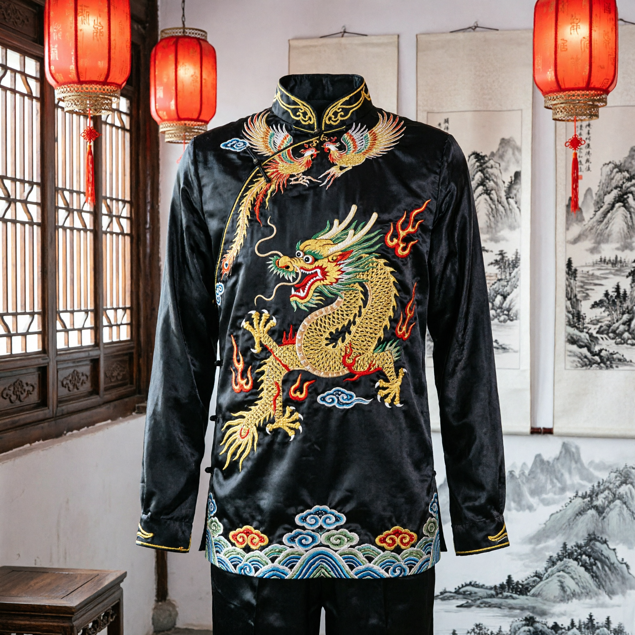 Uniforme de Kung Fu de Seda Negra con Bordado de Dragón para Hombre Traje Tradicional Chino de Artes Marciales Tai Chi - Asian Costume