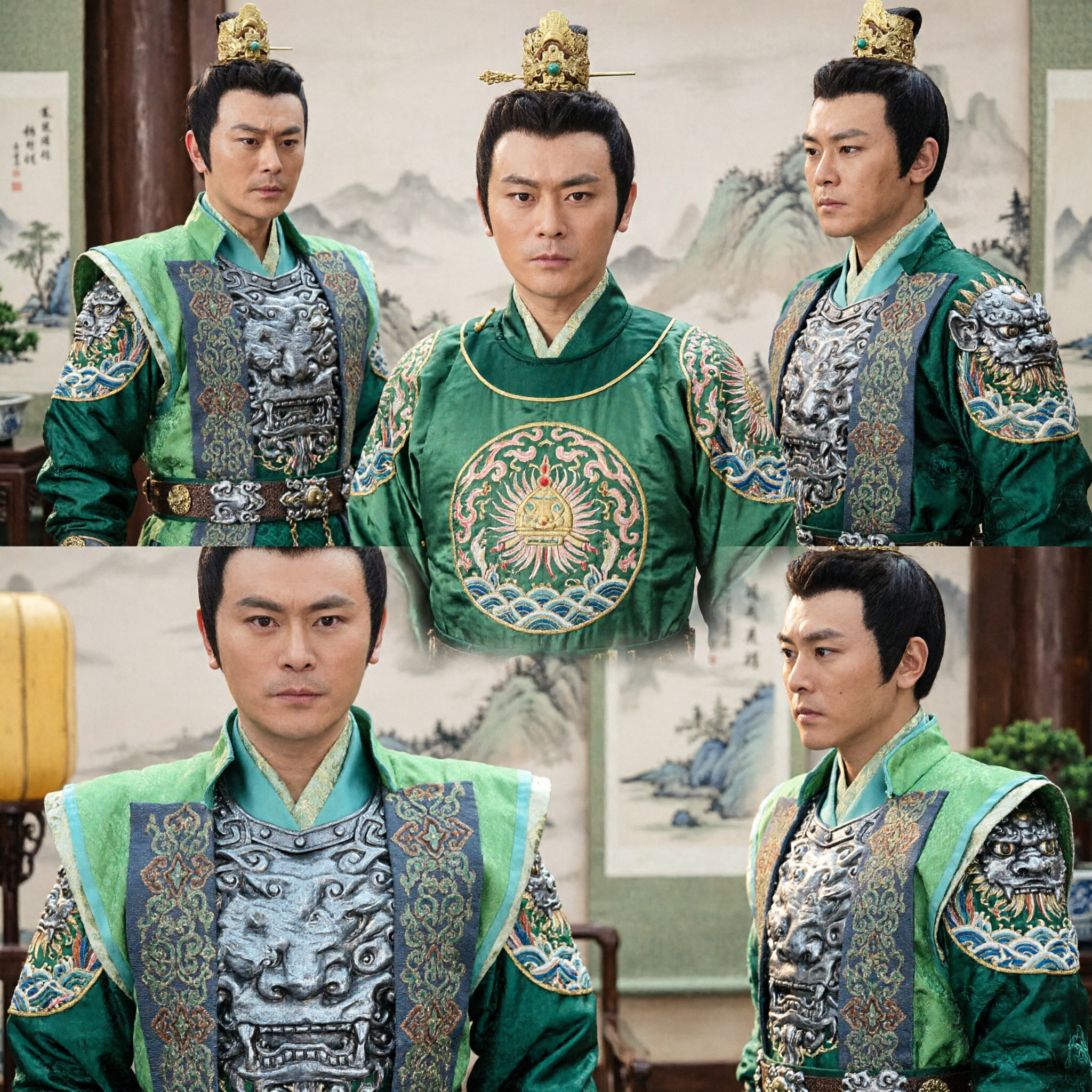 Men's Ancient Chinese Green Noble Costume Set with Embroidered Robe and Gold Crown for Historical Drama Cosplay - Asian Costume