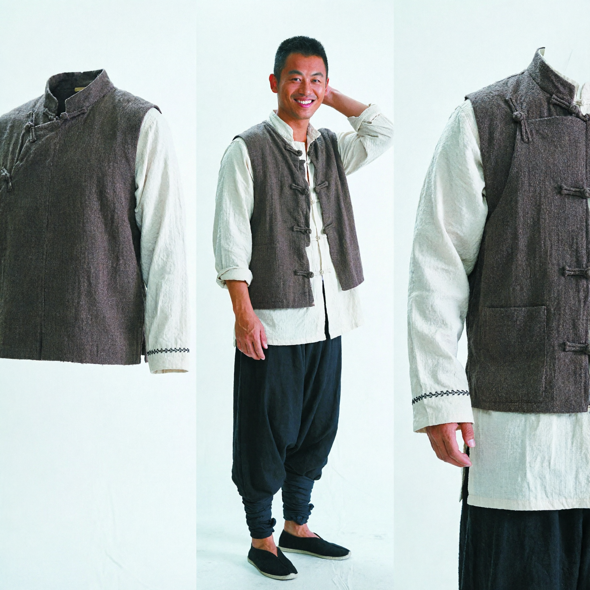 남성용 전통 중국 쿵푸 당의 세트 면 린넨 조끼 및 바지 무술 의상 - Asian Costume