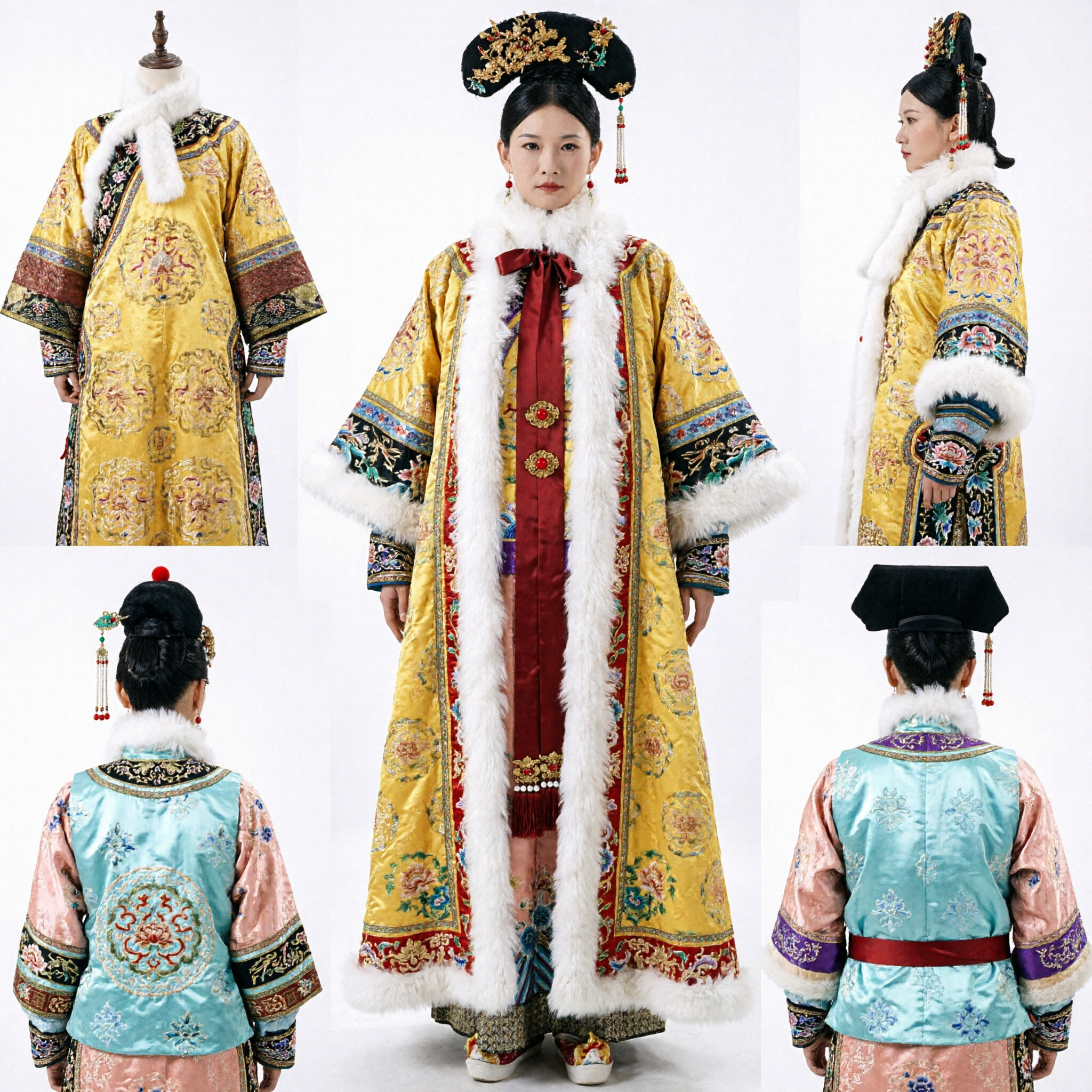 Traje da Imperatriz da Dinastia Qing Tradicional Chinês Robe Amarelo com Ajuste de Pele Vestido de Cosplay para Mulheres para Performance no Palco - Asian Costume