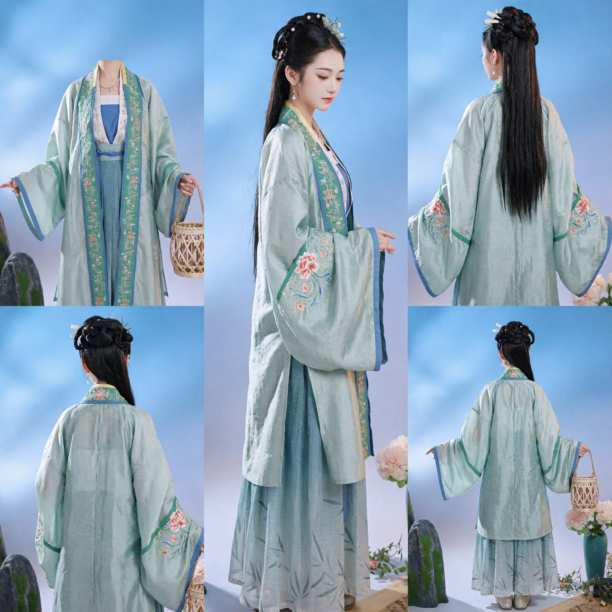 Hanfu Tradizionale Cinese della Dinastia Song, Set Veste Beizi e Gonna Verde Ricamata, Costume Antico per Donne - Asian Costume