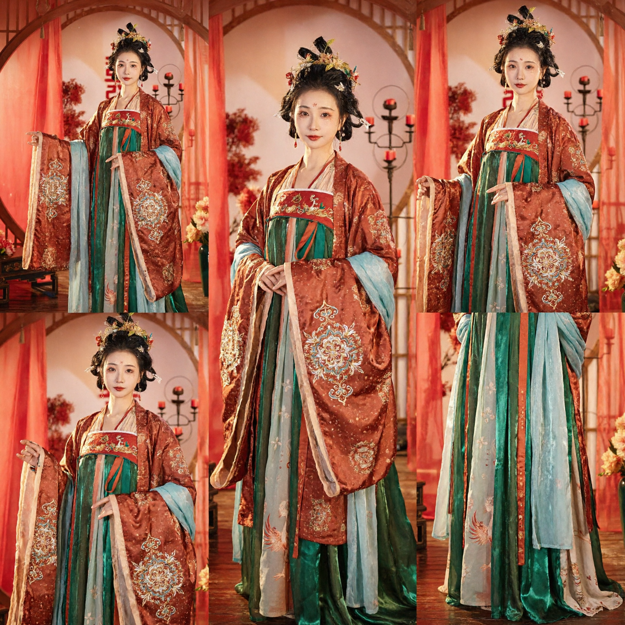 Costume traditionnel ancien Hanfu élégant de la dynastie Tang chinoise pour femmes - Robe de mariage jupe verte et haut rouge - Asian Costume