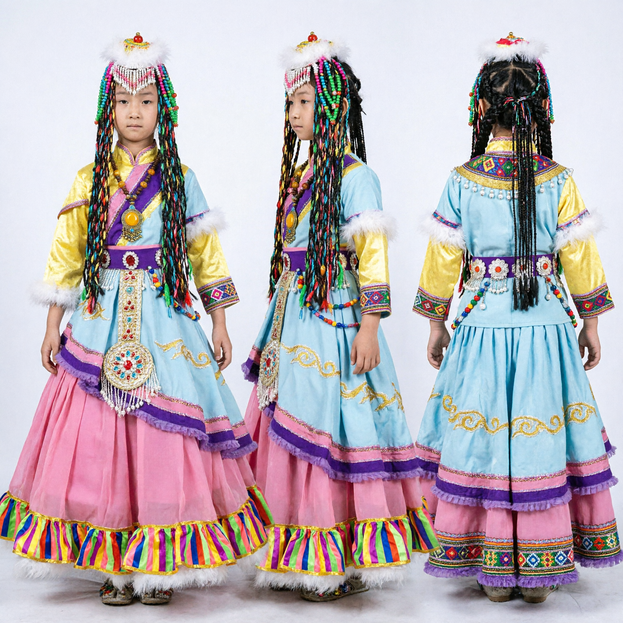 Traje Tradicional Tibetano de Danza para Niños - Vestido de Escenario para Niñas de Minoría Étnica con Accesorios de Pelo con Cuentas - Asian Costume