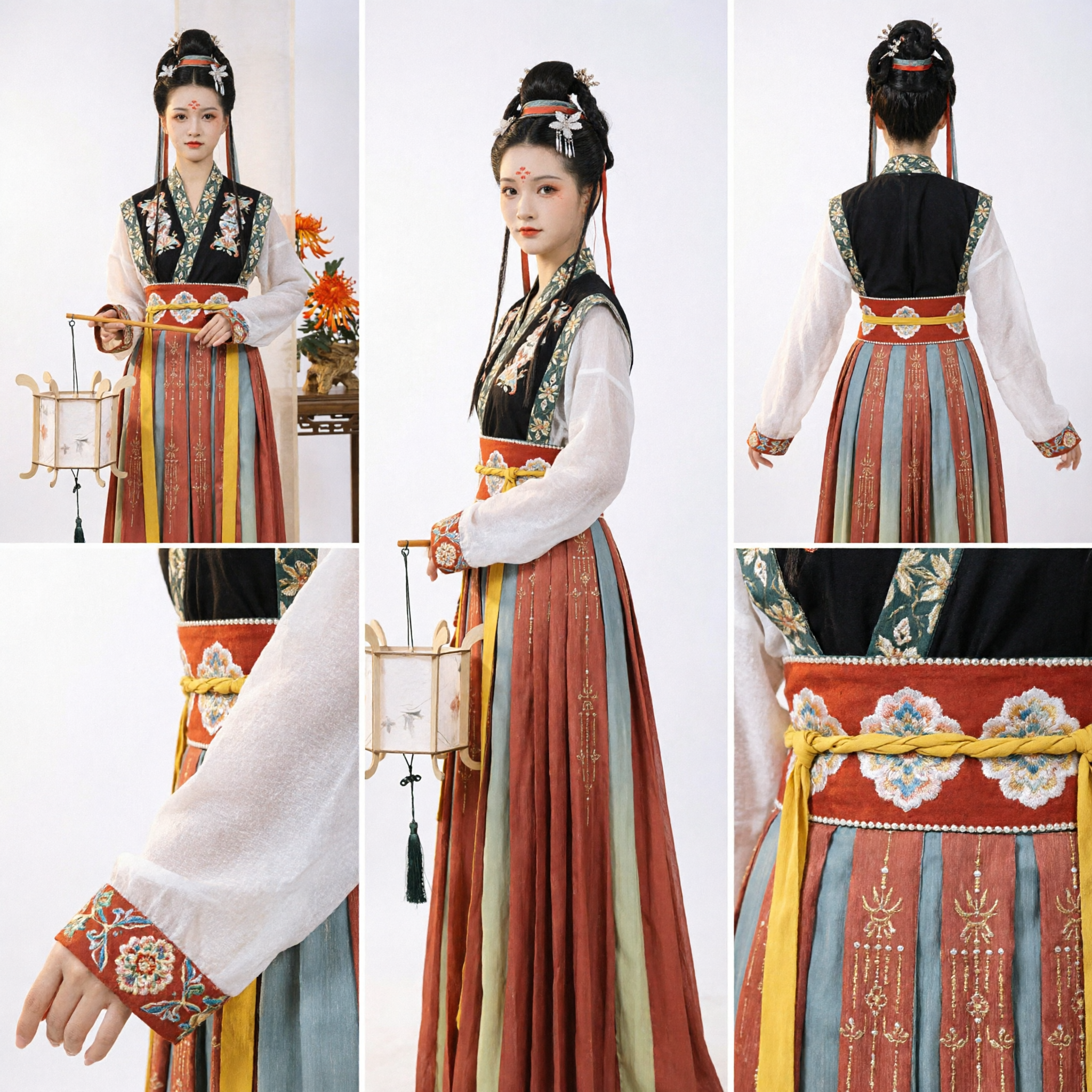 Costume chinois ancien Hanfu de la dynastie Tang - Robe de dame du palais brodée florale avec jupe rayée pour femmes - Asian Costume