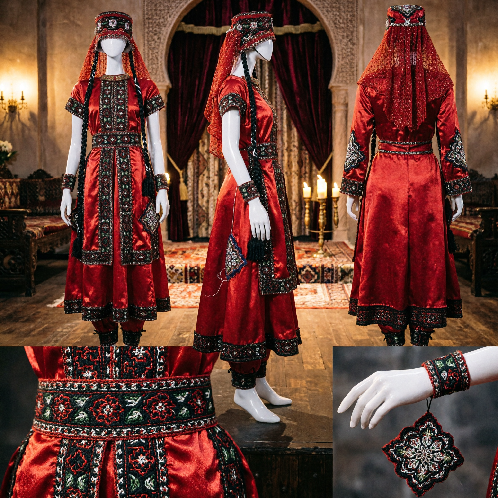 Costume de danse traditionnel ouïghour rouge - Ensemble complet de robe ethnique folklorique avec coiffe pour spectacle féminin - Asian Costume