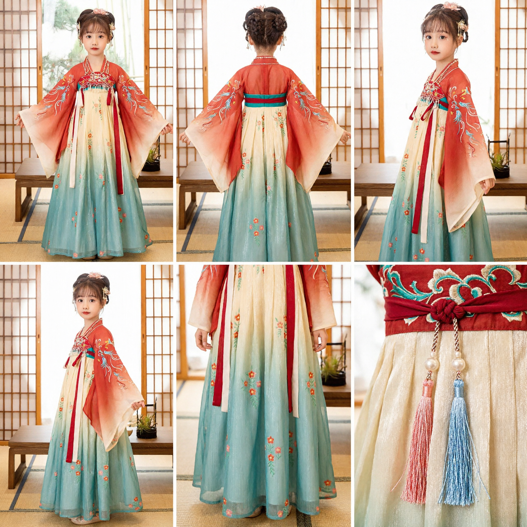 Vestido Tradicional Chino Hanfu para Niñas Traje de Princesa de la Dinastía Tang Top Rojo Bordado con Falda Degradé Azul - Asian Costume